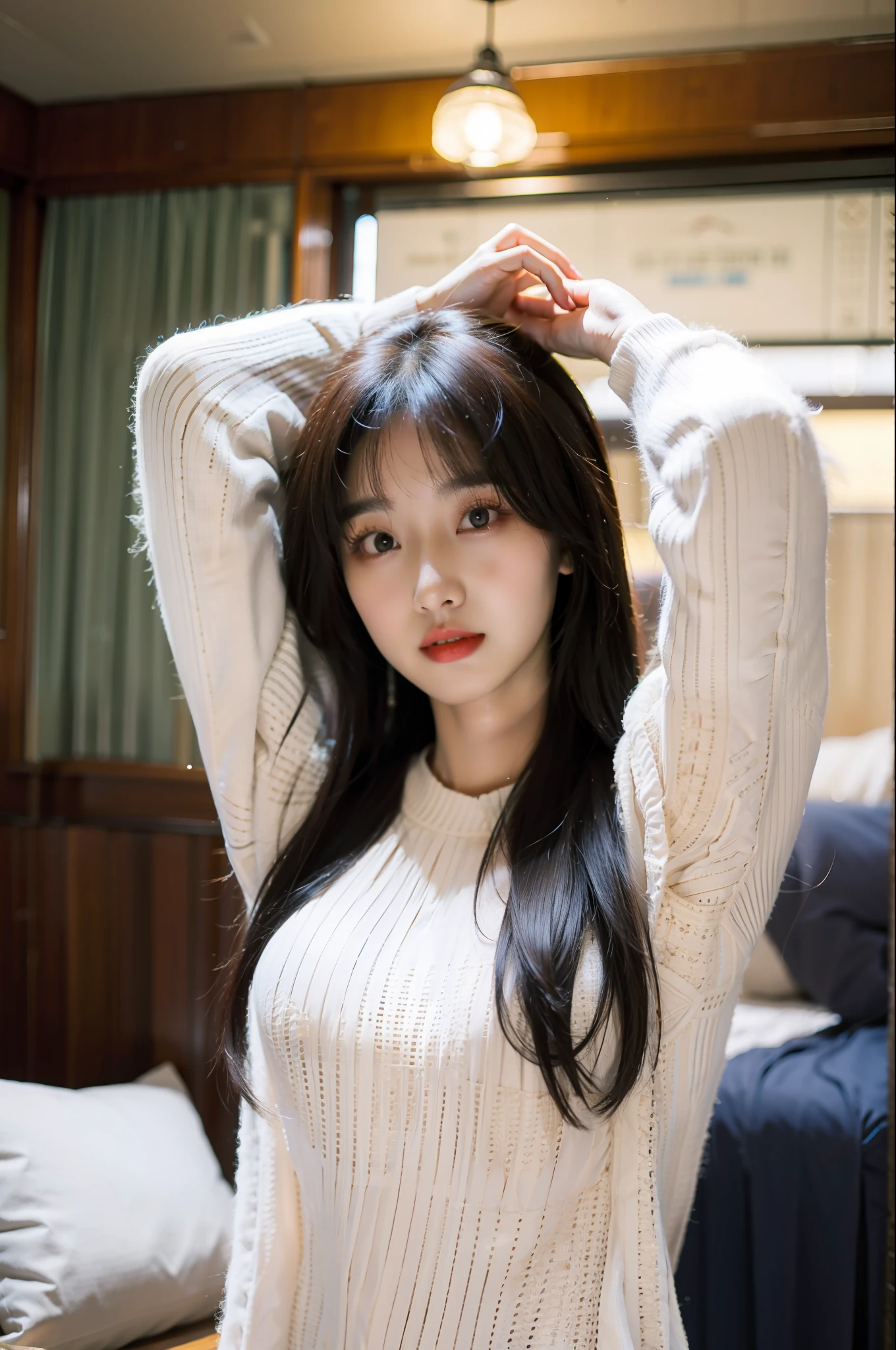 Yushuxin, 1girll,Pure, 独奏, long whitr hair, brunette color hair, Realistis, Arms up, cparted lips, 裸体少女,station, pillow head, Stretching, no clothe,looking at viewert, 黑The eye
