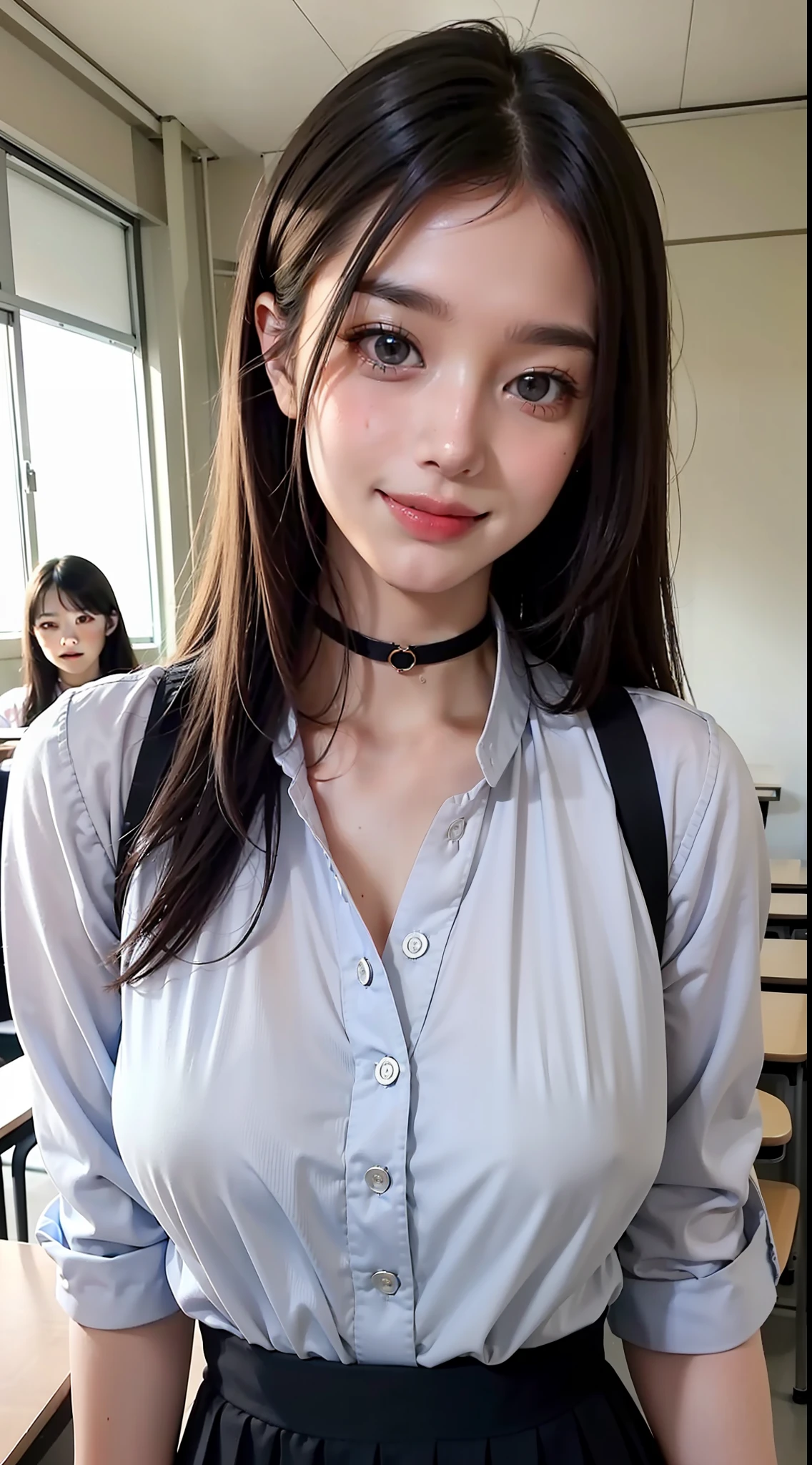 masterpiece、top-quality、Raw photo、Photorealsitic、hugetits、face lights、shinny skin、hight resolution、super detailing、Black Choker、A dark-haired、Medium Hair、校服、hi-school girl、Classroom、A smile、Colossal tits