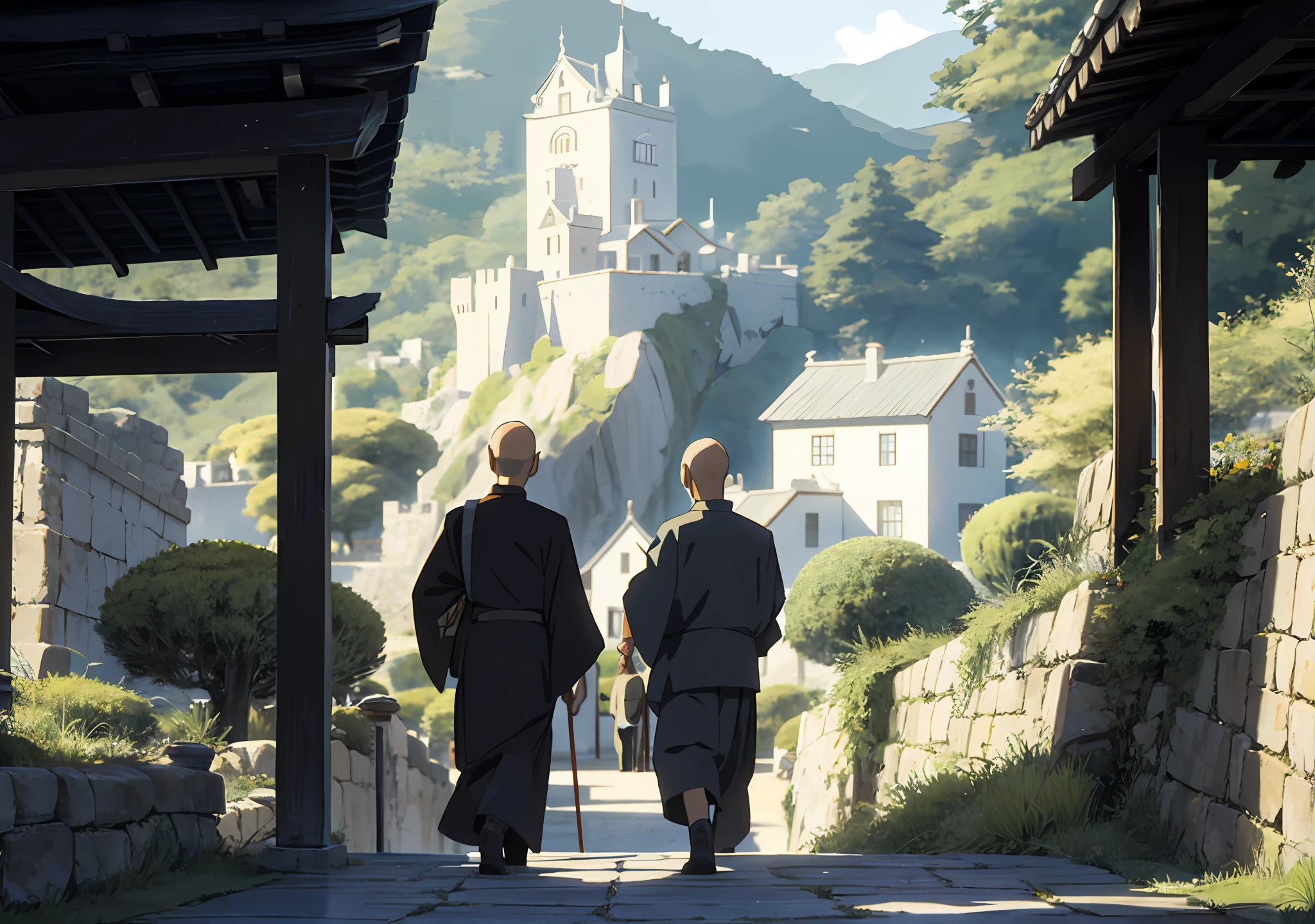 two zen monks walking ito a castle