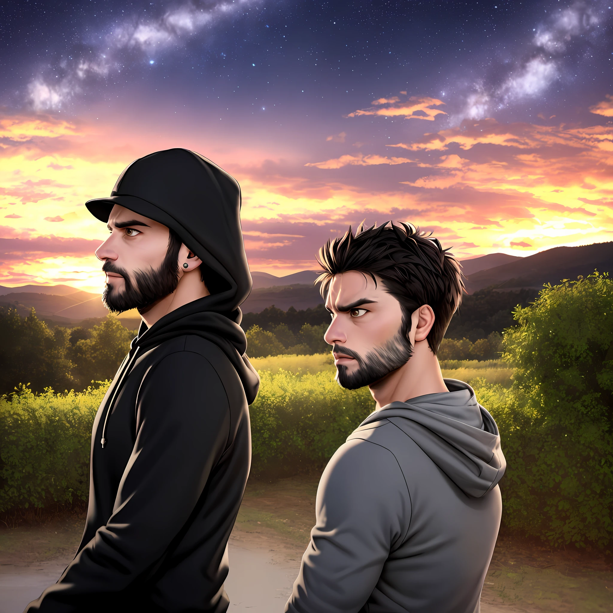 (34 year old male), (Photorealistic), Black hooded sweatshirt and cap, Beard, Gray eyes, Outdoors, Countryside, Lighting, Starry night, People around, Intricate, Angry, Walking, (Dynamic view)