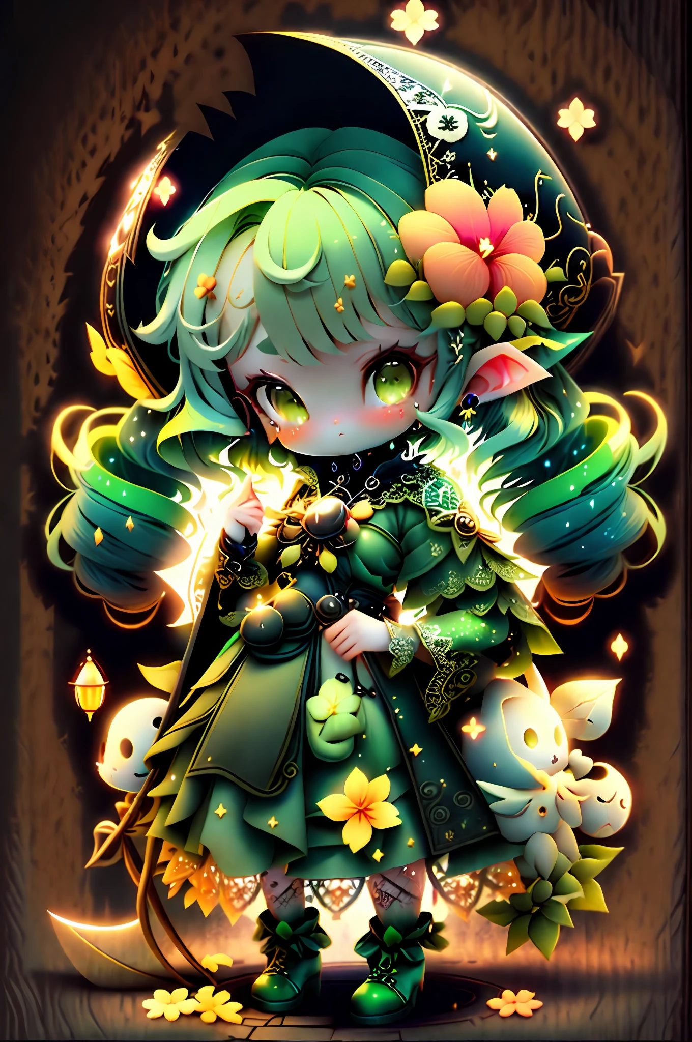 plastican00d, sorceress woman, tchibi, black, twin drills, black, Magnificent,view the viewer, paneled background，Lolita prostitute，elvish ears，Green hair，Hold the staff in your left hand，Golden clothes，Surrounded by flowers，Sexy and feminine，High pixel，Light and shadow magic，Lace costume effect