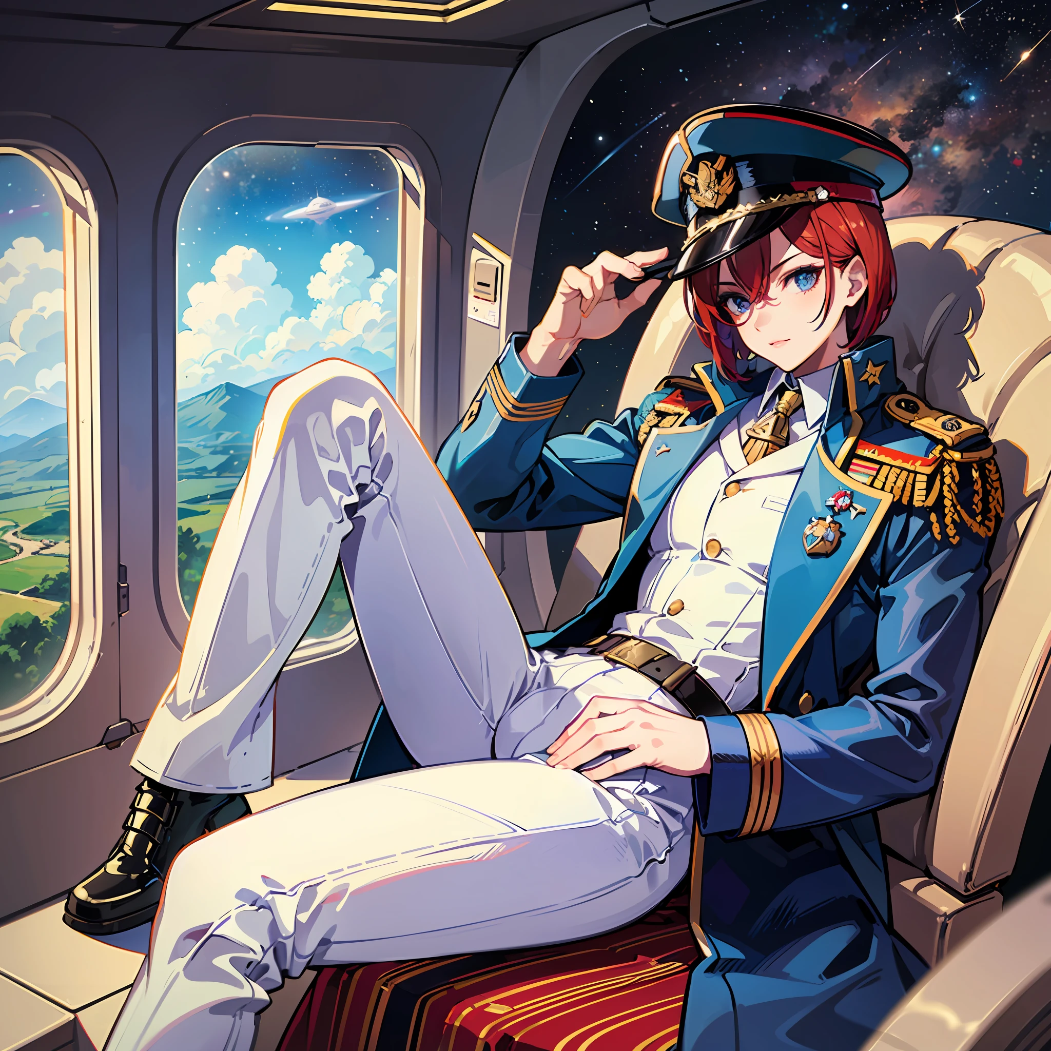 ((Masterpiece)), ((Highest Image Quality)), ((Best Quality)), (Illustration of One Girl), Full Body, 25 Years Old, Short Red Hair, (Thin Hair on Both Sides of Face), Blue Eyes, (((Tall)), ((Muscular Strong Body)), ((Manspreading)), Open Legs, (((Military Uniform)), (Military Hat)), (Military Coat)), (White Clothes), (White Pants), (White Hat), Trench Coat, ((Inside the spaceship, sitting in the captain's seat)), (outside the window, space, Earth seen from space, spaceport)