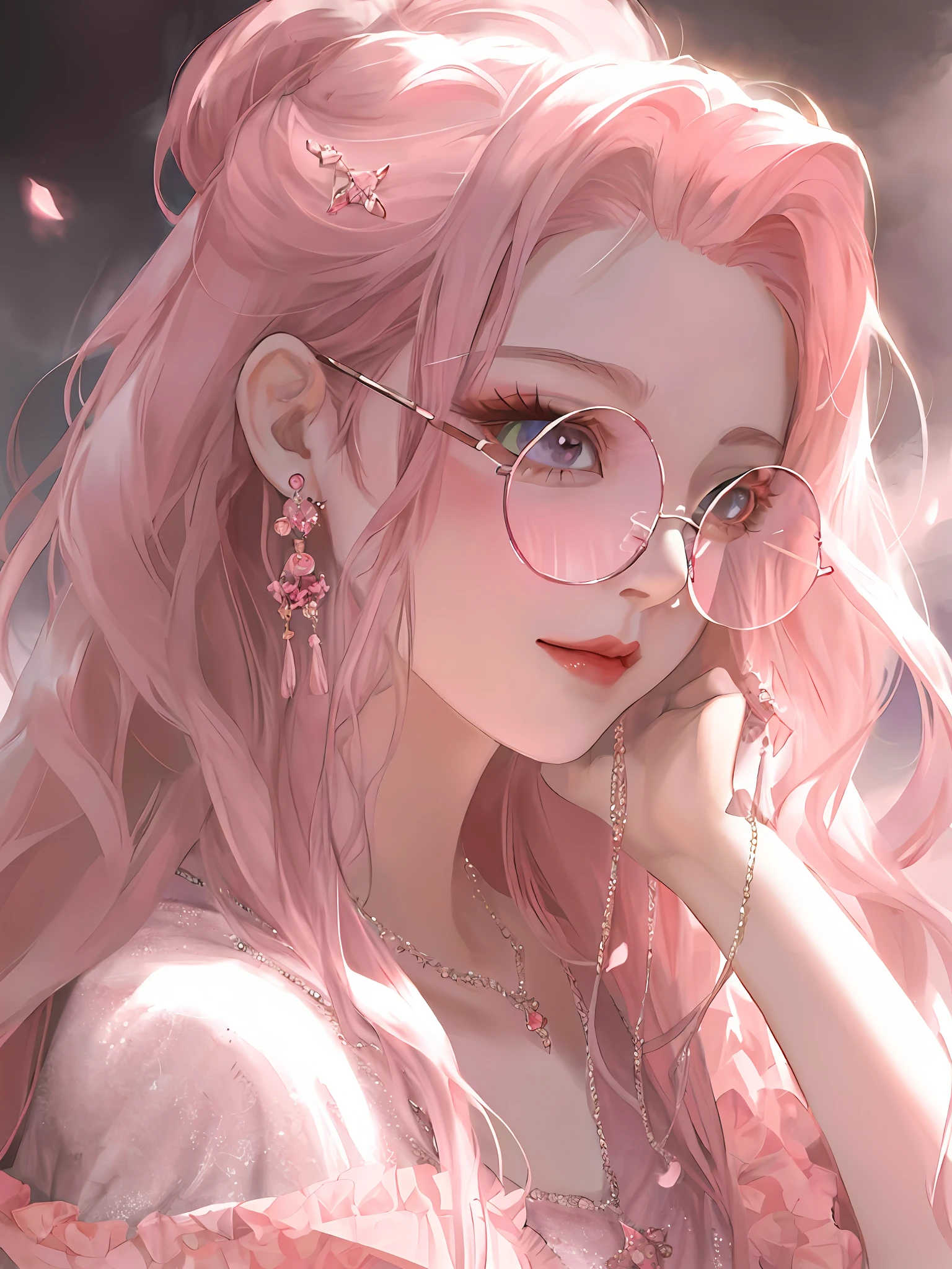 Anime girl posing for photo with pink hair and glasses, Guwiz style artwork, Guwiz, beautiful anime portrait, pink girl, flowing pink hair, kawaii realistic portrait, fantasy art style, beautiful anime style, inspired by Chengiwa-kun, anime style. 8K, in Bowater's art style, popular on CGSTATIONS, 8K