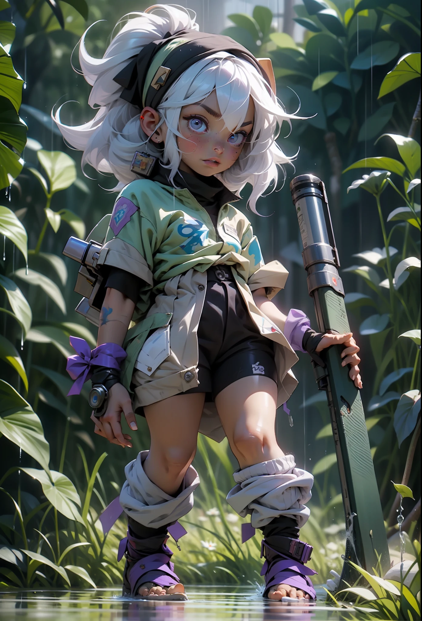 "A fierce 3-foot-4-inch warrior with tattered clothing and light purple skin, Tristana, holding a rocket launcher, stands firmly on the rain-soaked ground."