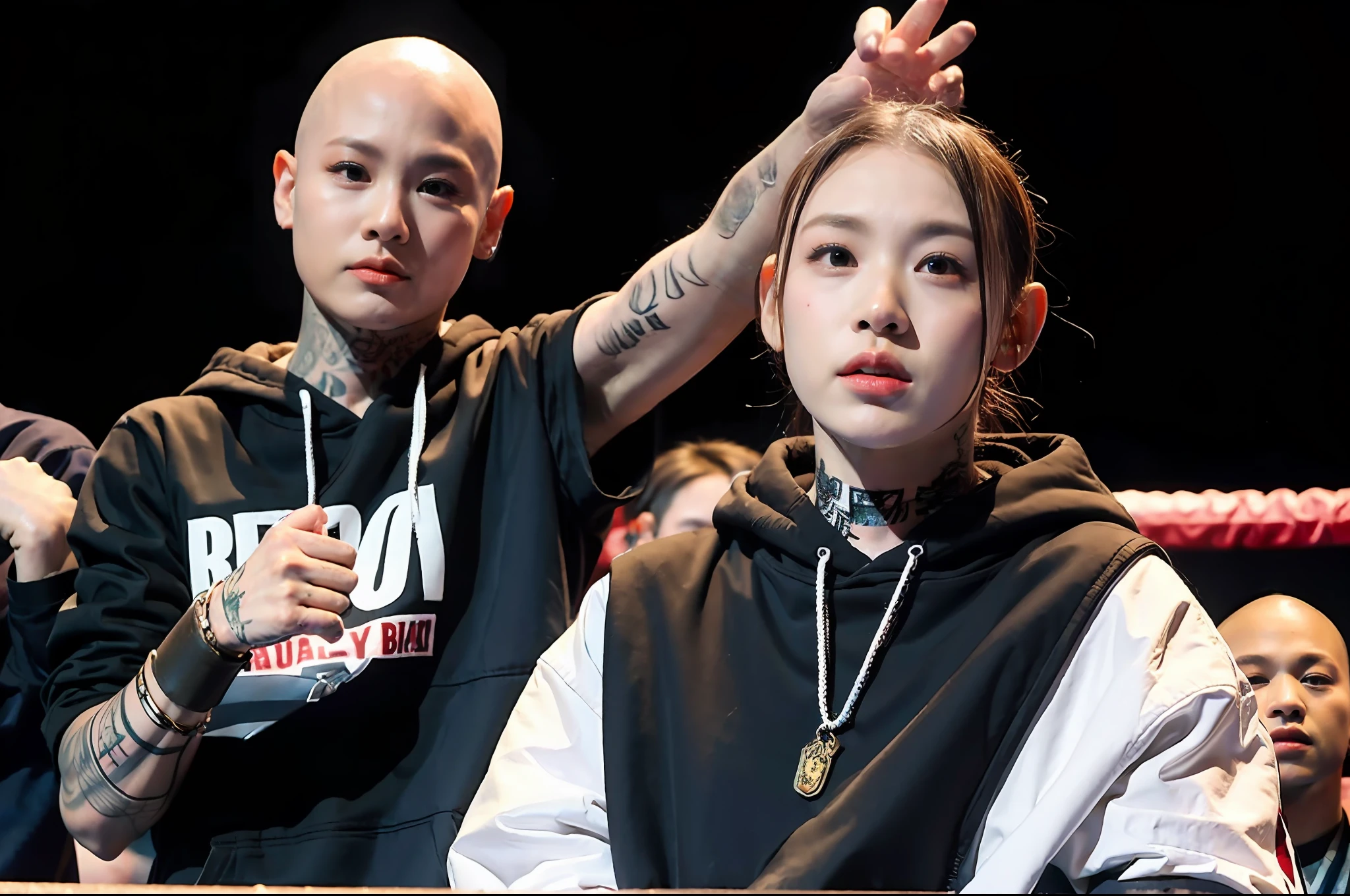 Tattooed on face, skinhead, female rapper, cloak, shaved head, runaway, 18 year old girl boxer in boxing arena