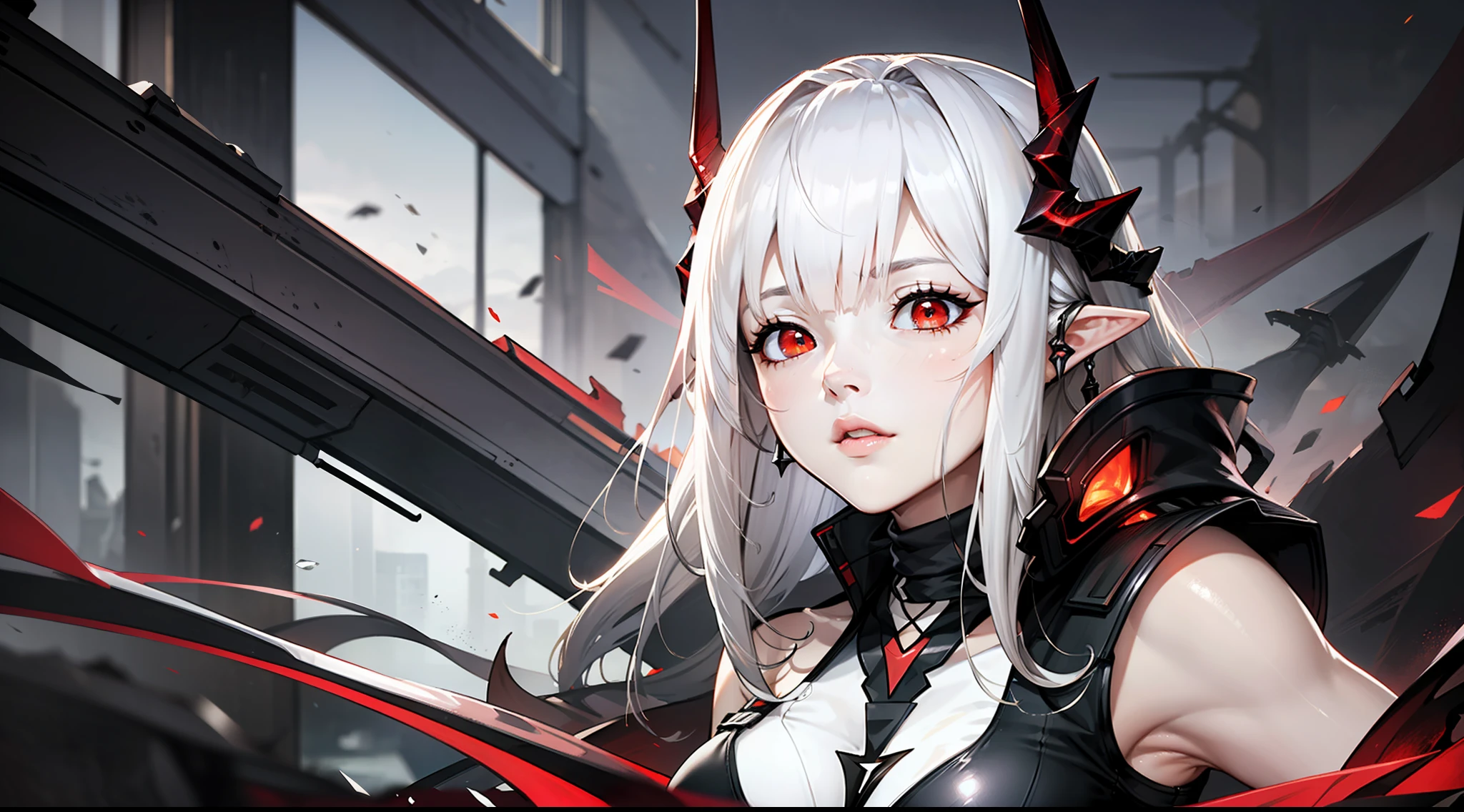 (floating and spread hair:1.2), (detailed and delicate and flexible eyes),(1girl,arm, oripathy lesion (arknights),splash ink,:1.2),mudrock (arknights), white hair,red eyes, solo,hair ornament, pointy ears,oripathy lesion (arknights), infection monitor (arknights), (corrpution,cowboyshot:1.15), kda, fov,f/1.8, side lighting, sunlight on people (masterpiece, best quality, Ultra Detail, wallpaper, detailed shiny skin, flawless, 8k, RAW, highres,absurdres,:1.3), (detailed super oily shiny skin:1.1),[wet:0.8|mucus], colorful, power scene,(imid shot:0.95), (Dynamic angle, upper body, Facial effects),Battlefield, artillery fire, ruins, ashes, dark lightning effects