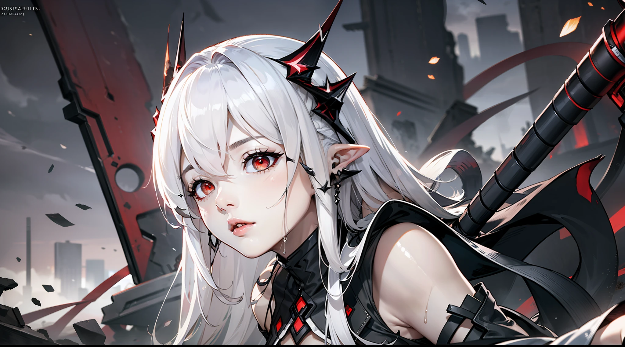 (floating and spread hair:1.2), (detailed and delicate and flexible eyes),(1girl,arm, oripathy lesion (arknights),splash ink,:1.2),mudrock (arknights), white hair,red eyes, solo,hair ornament, pointy ears,oripathy lesion (arknights), infection monitor (arknights), (corrpution,cowboyshot:1.15), kda, fov,f/1.8, side lighting, sunlight on people (masterpiece, best quality, Ultra Detail, wallpaper, detailed shiny skin, flawless, 8k, RAW, highres,absurdres,:1.3), (detailed super oily shiny skin:1.1),[wet:0.8|mucus], colorful, power scene,(imid shot:0.95), (Dynamic angle, upper body, Facial effects),Battlefield, artillery fire, ruins, ashes, dark lightning effects