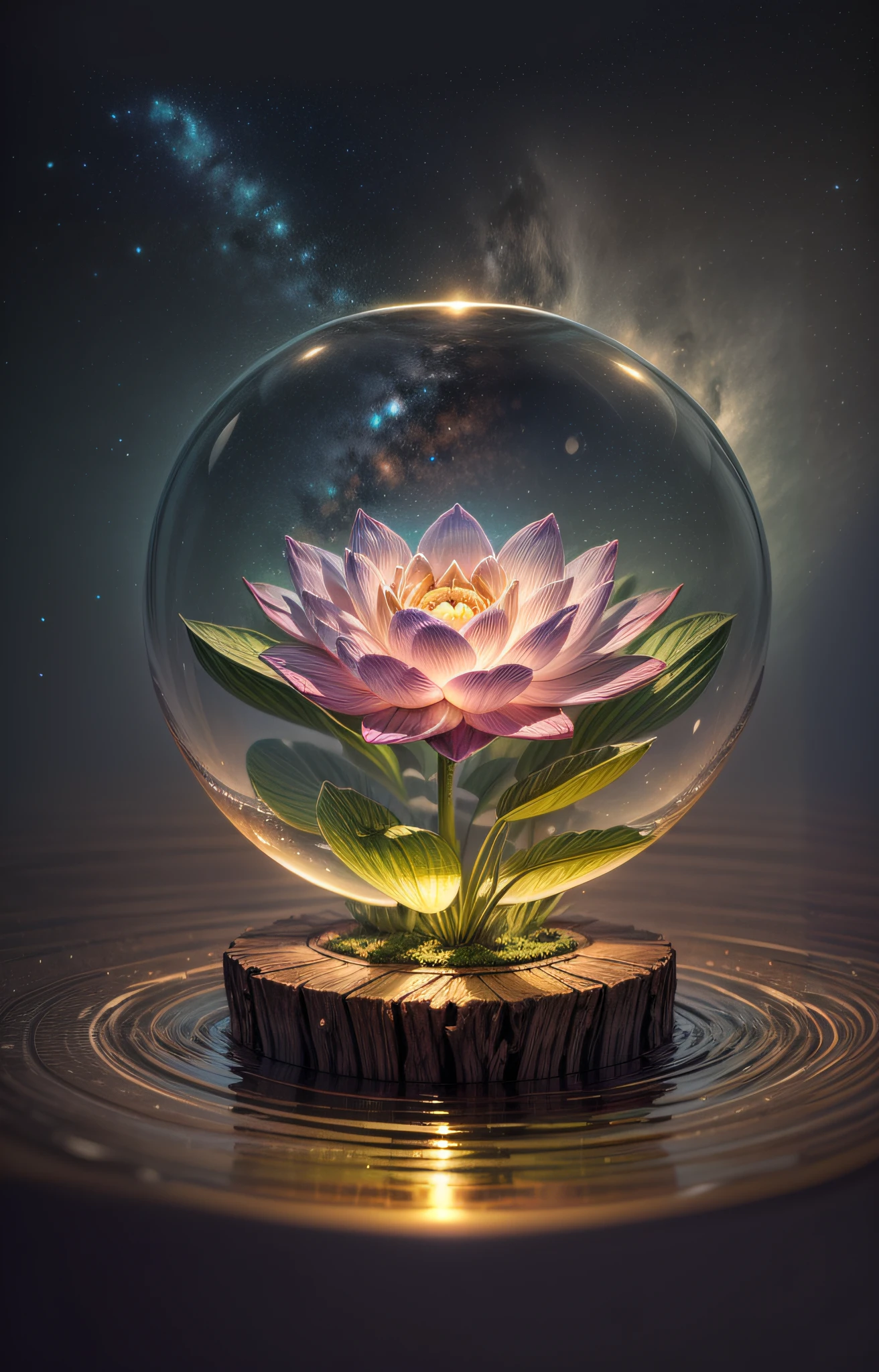 Bio-luminescence, lotuses, the night, waterface
