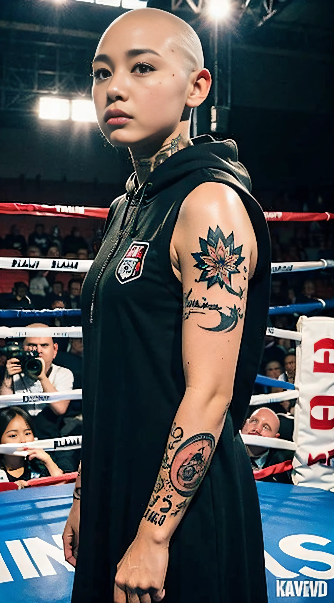 Tattooed on face, skinhead, female rapper, cloak, shaved head, runaway, 18 year old girl boxer in boxing arena
