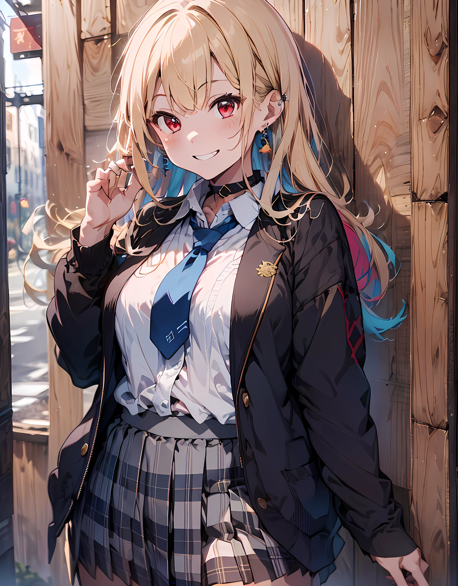 masterpiece, best quality, highres, kitagawa marin, 1girl, blonde hair, long hair, multicolored hair, red eyes, jewelry, earrings, piercing, school uniform, white shirt, tied shirt, black choker, blue necktie, plaid skirt, grin, smile, standing, cowboy shot, outdoors,