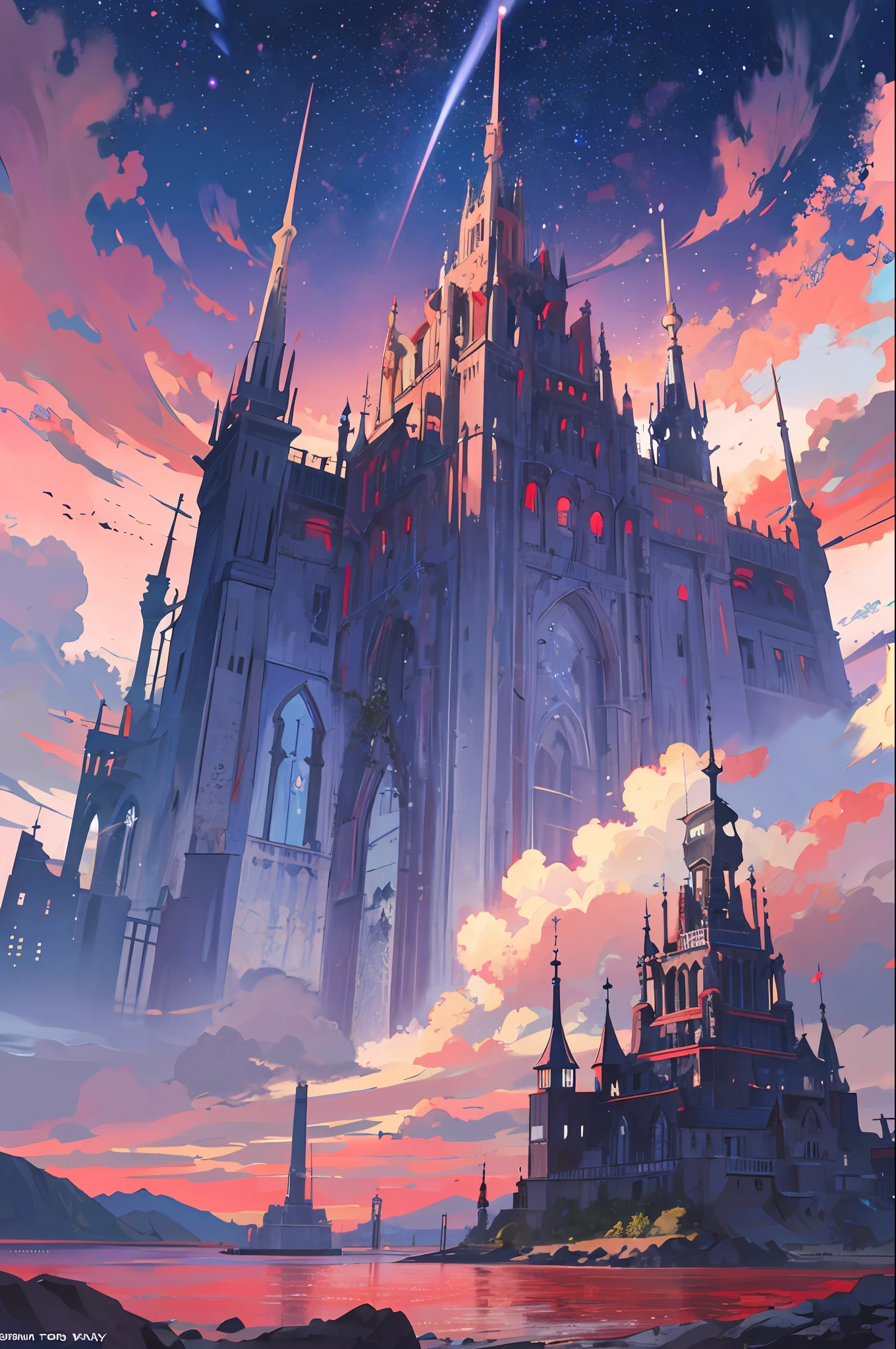 Expansive landscape photograph,(View from below with a view of the sky and the wilderness below),Freedom Gundam stands in the sea,Tower of God,blue towers,violet colors,blue colors,red colour,Deities,Red sky,violet sky,starrysky,As estrelas,starry towers,starry god,pale-blue,civilization,order