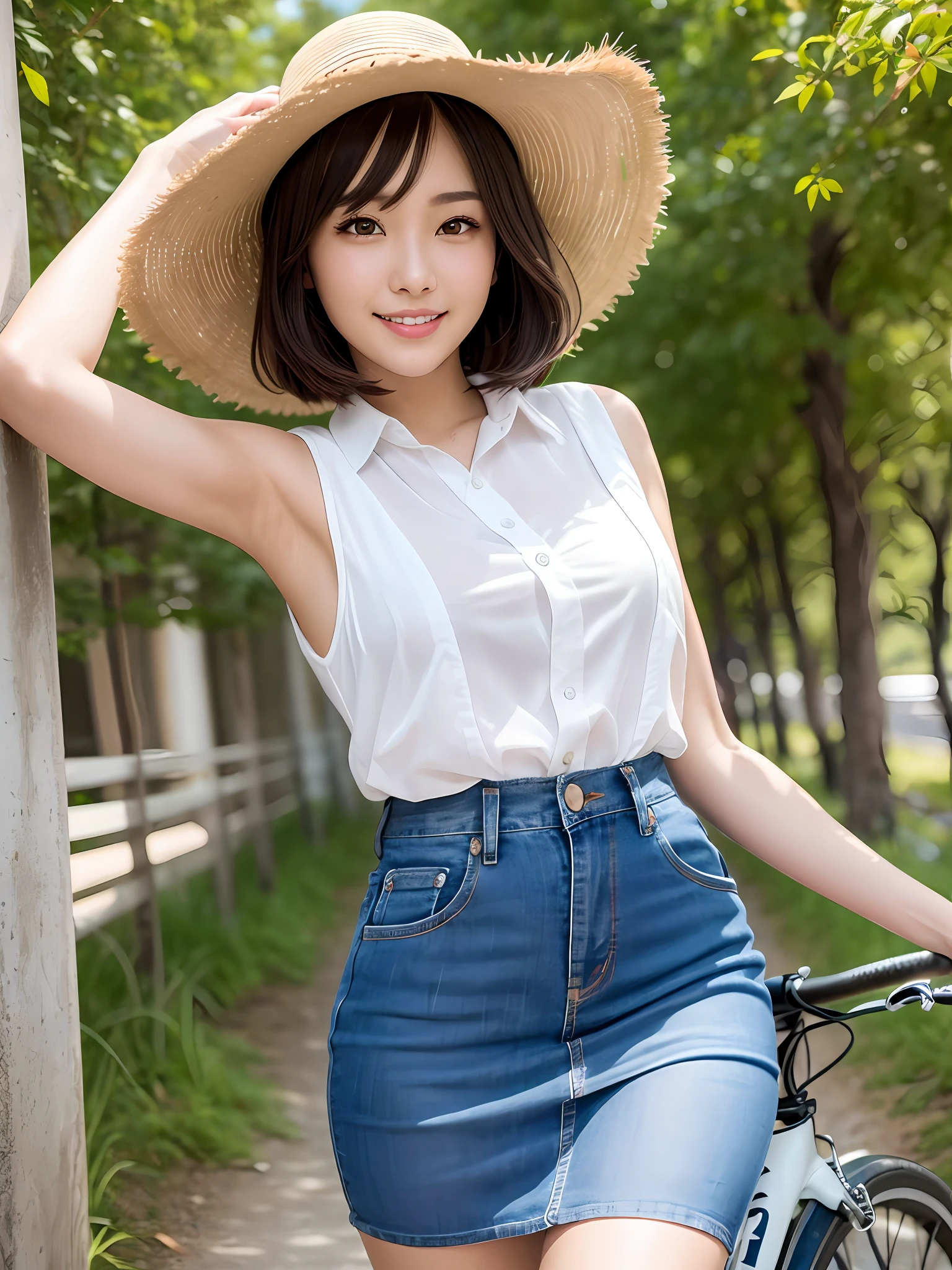 masutepiece, 1 girl per 1 photo, Cowboy Shot, front-facing view, a Japanese young pretty girl, Long Bob Hairstyle, Mountains in the countryside of Japan々Ride an old bike down a path surrounded by, Summer sunshine, Glamorous figure, wearing a sleeveless shiny satin white blouse with collared, Wearing a denim skirt, Wearing a white hat, hyper cute face, A big smile, Glossy lips, double eyelids for both eyes, Natural makeup, shiny smooth light brown hair of a long bob hair, asymmetrical bangs, Tanned skin, central image, 8K resolution, high detailing, detailed hairstyle, Detailed face, Cinematic lighting, Octane Rendering, Hyper realistic, Perfect limbs, Perfect Anatomy