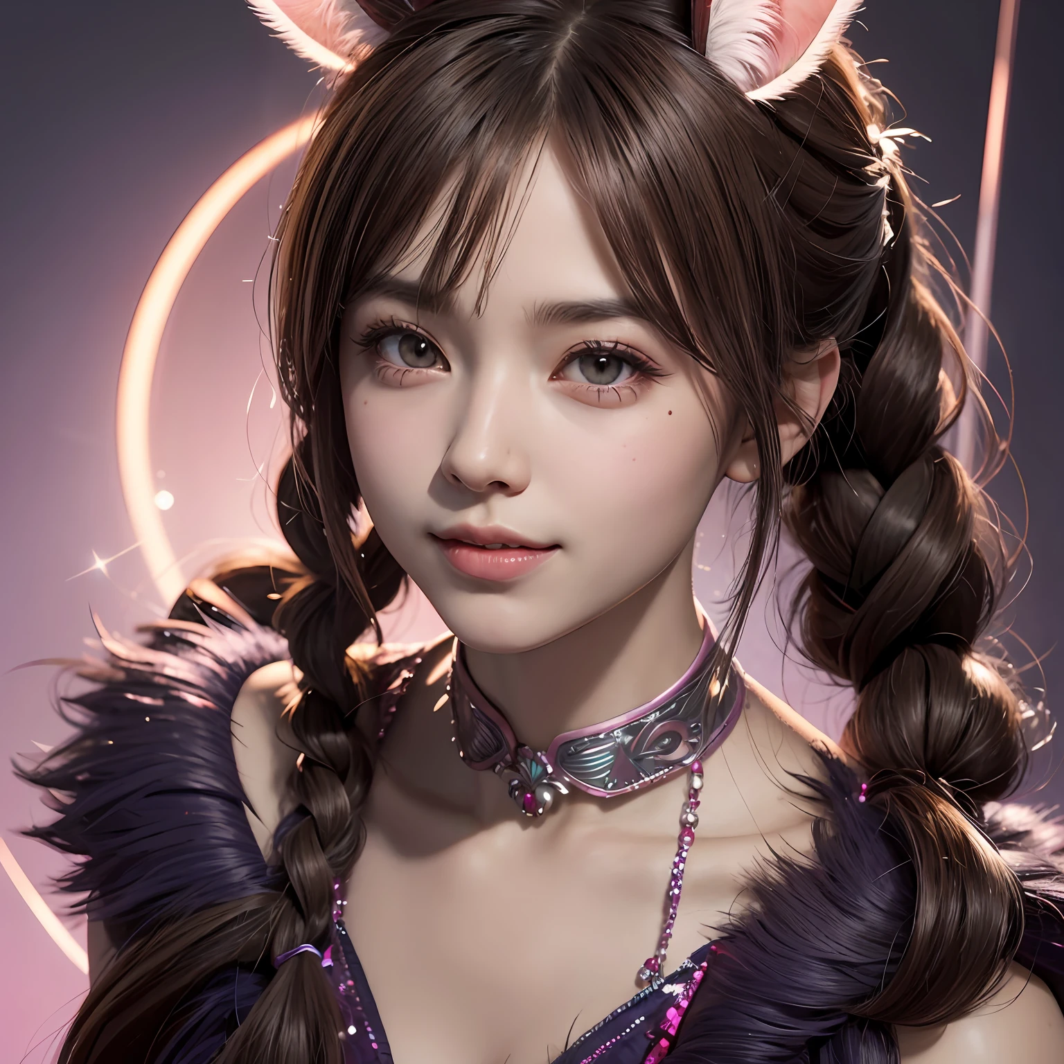 hair bobbles, wince, long eyelasher, solid circle eyes, Light smile, Fang, Shiny hair, Rabbit ears, Bright pupils, Light brown hair, Blunt bangs, tri tails, braidedponytail, side swept bangs, Single braid, butterfly hair ornaments, Moles under eyes, Pink eyes, surrealism, shadowing, anaglyph, stereograms, tachi-e, angle of view, Atmospheric perspective, Sparkle, god light, art-deco, Social realism, High detail, 8K, Super detail, Best quality, Textured skin, Masterpiece, Anatomically correct, ccurate