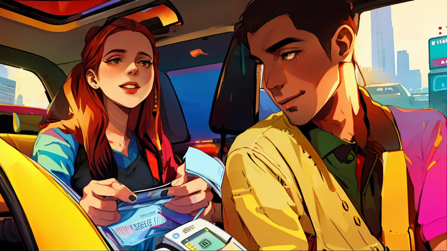 A man and a woman sit in the car,The woman is playing a game,cabs,payment,pay