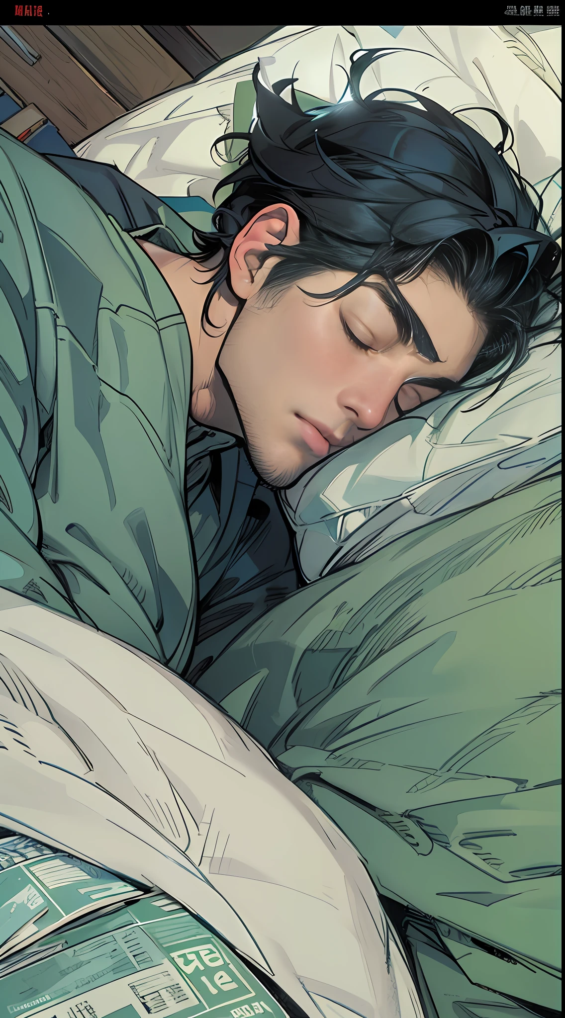 Black haired man sleeping on the bed, in the style of xiaofei yue, comic book-like, 32k uhd, i can't believe how beautiful this is, thomas saliot, comic/cartoon, outdoor scenes