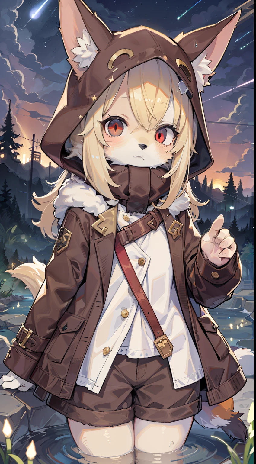 Fox Boy,Shota,hairy pubic,shaggy,Skin fur,Golden fur,Golden yellow face fur,Short straight blonde hair,Eyes have light,Red eyes,Brown elements on fur,Brown coat brown hood up,Star pattern white top,brown trousers,Beautiful lights and shadows,Ambient light,Ultra-fine fur,volumettic light,Night,natural lightting,Fluffy tail,Night,starrysky,Vast landscape,crossed bangs, Hairline, Shiny hair, lone nape hair, ,Dilated pupils,Sleepy,(moon full:1.2),(meteors:0.9),(Starcloud:1.3),In the river(Warm light source:1.2),soaking wet, (overcast sky, Standing downpour:1.1),, Purple and orange,Complicated details,Volumetriclighting,Realist breakthrough(tmasterpiece:1.2)(best qualtiy),4K,Ultra-delicate,(Dynamic configuration:1.4),Highly detailed and colorful details,(Irridescent color :1.2),(luminouslighting,Atmospheric lighting),dream magical,magic,(独奏:1.2)Glowing light,Empty eyes, partial underwater shot