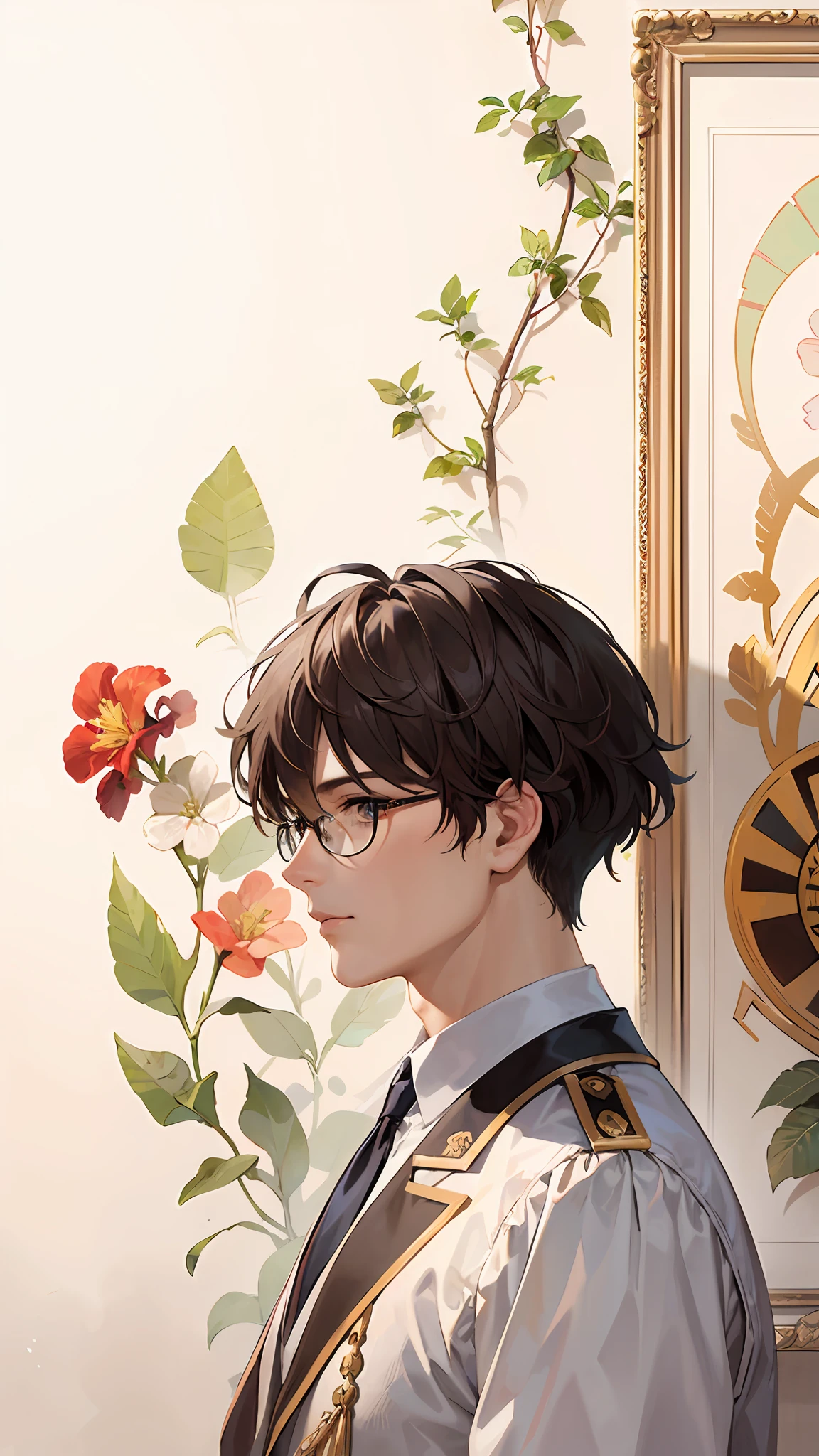Facial portrait of a European man，hair straight，brunette color hair，Floral frame，Decorative panels，abstract artistic，Alphonse Mucha（tmasterpiece，best qualtiy，A high resolution：1.4），A detailed，complexdetails，4K，splash of color，line art，Fibonacci,