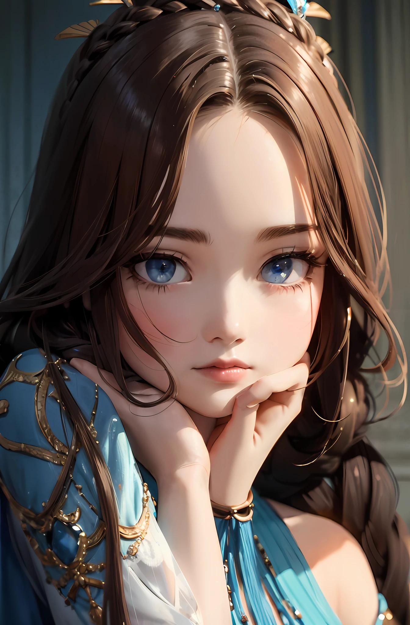 Need,tmasterpiece,Brown hair,Blue eyes,Manteau blanc,Heads-up,head portrait,Hairline,Fair skin,Twist braids,delicated,oil painted,yuki,silver ornaments