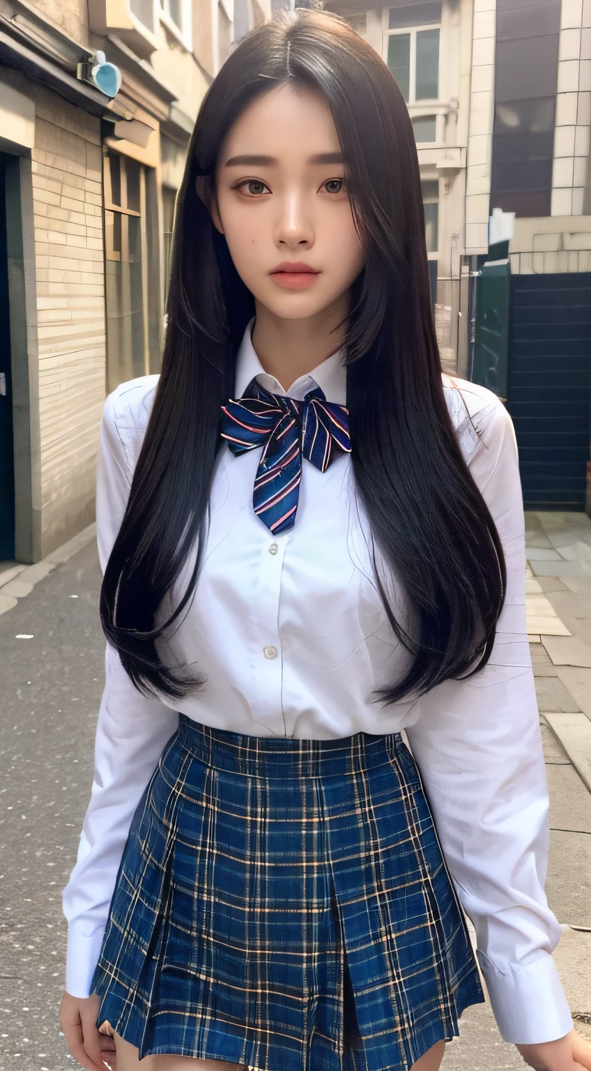 ((Top quality, 8k, Masterpiece: 1.3)), beauty, hidden face, 1 girl, beauty: 1.3, slender abs: 1.1, Japanese high school uniform, pure white shirt, full chest, dark blue plaid short skirt, bow tie, over-the-knee socks, long black hair, (standing in the old street), super detailed face, highly detailed lips, detailed eyes, double eyelids, strict head and body proportions, detailed shirt buttons, detailed hand details