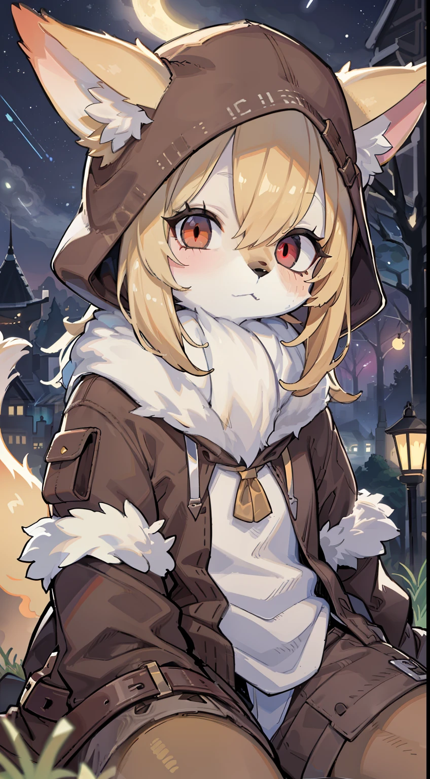 Fox Boy,Shota,hairy pubic,shaggy,Skin fur,Golden fur,Golden yellow face fur,Short straight blonde hair,Eyes have light,Red eyes,Brown elements on fur,Brown coat brown hood up,Star pattern white top,brown trousers,Beautiful lights and shadows,Ambient light,Ultra-fine fur,volumettic light,Night,natural lightting,Fluffy tail,Night,starrysky,Vast landscape,crossed bangs, Hairline, Shiny hair, lone nape hair, ,Dilated pupils,Sleepy,(moon full:1.2),(meteors:0.9),(Starcloud:1.3),seawall(Warm light source:1.2),(glowworm:1.2), Purple and orange,Complicated details,Volumetriclighting,Realist breakthrough(tmasterpiece:1.2)(best qualtiy),4K,Ultra-delicate,(Dynamic configuration:1.4),Highly detailed and colorful details,(Irridescent color :1.2),(luminouslighting,Atmospheric lighting),dream magical,magic,(独奏:1.2)Glowing light,Empty eyes, partial underwater shot