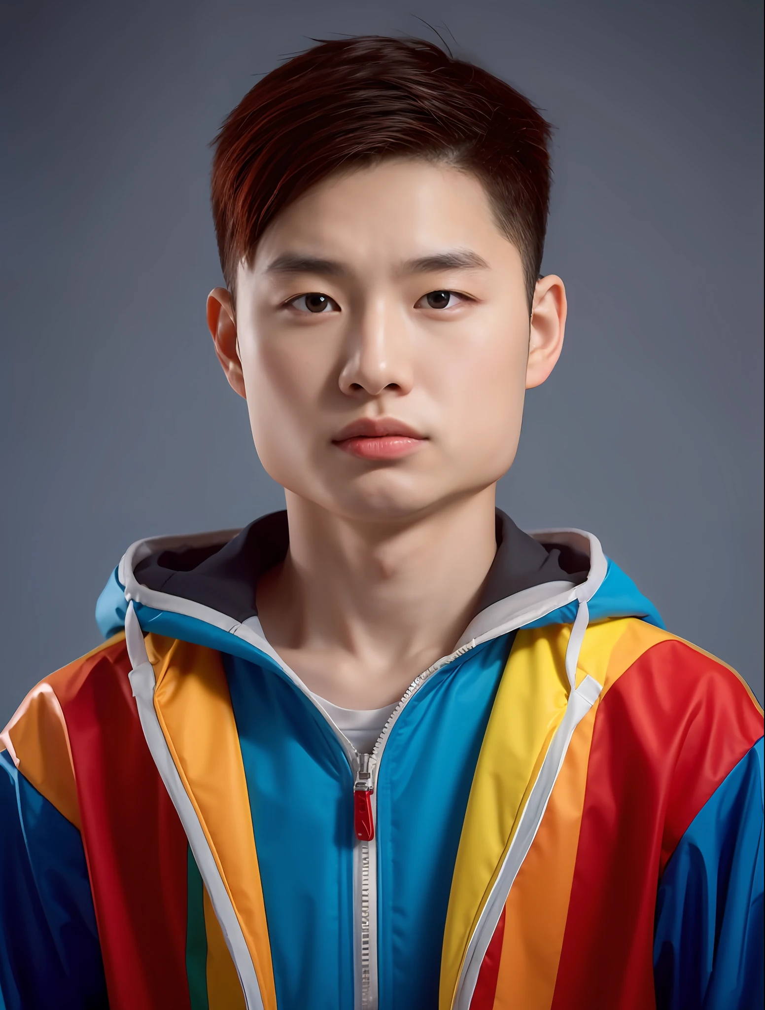 Chinese male high school student,Wearing PVC light blue tracksuit