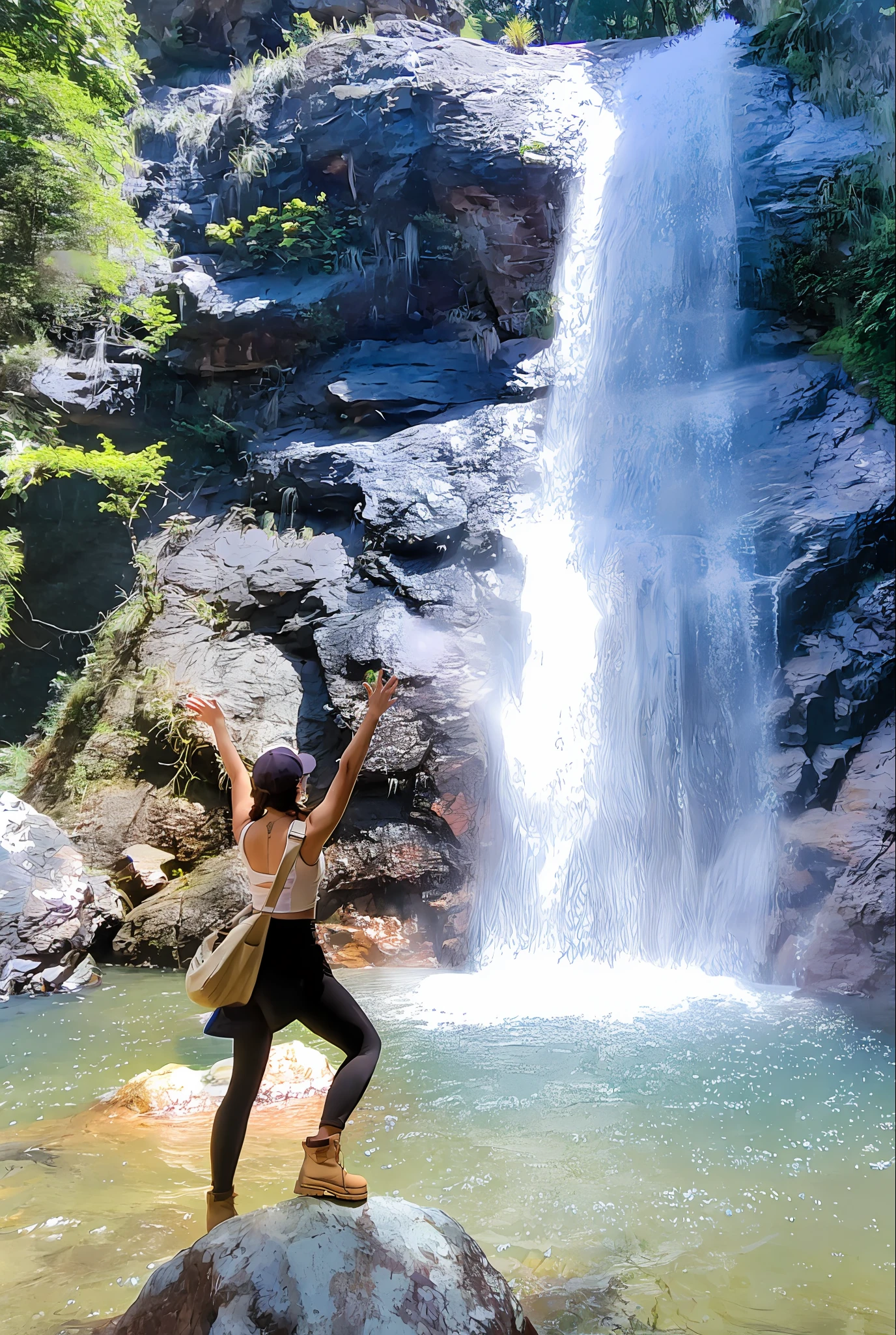 There is a woman standing on a rock in front of the waterfall, standing in front of a waterfall, next to a waterfall, standing close to waterfall, standing in a waterfall, with waterfalls, with a waterfalls, standing inside a waterfall, bathing in a waterfall, playing in waterfalls, with trees and waterfalls, in a cave with the waterfall, waterfall in background