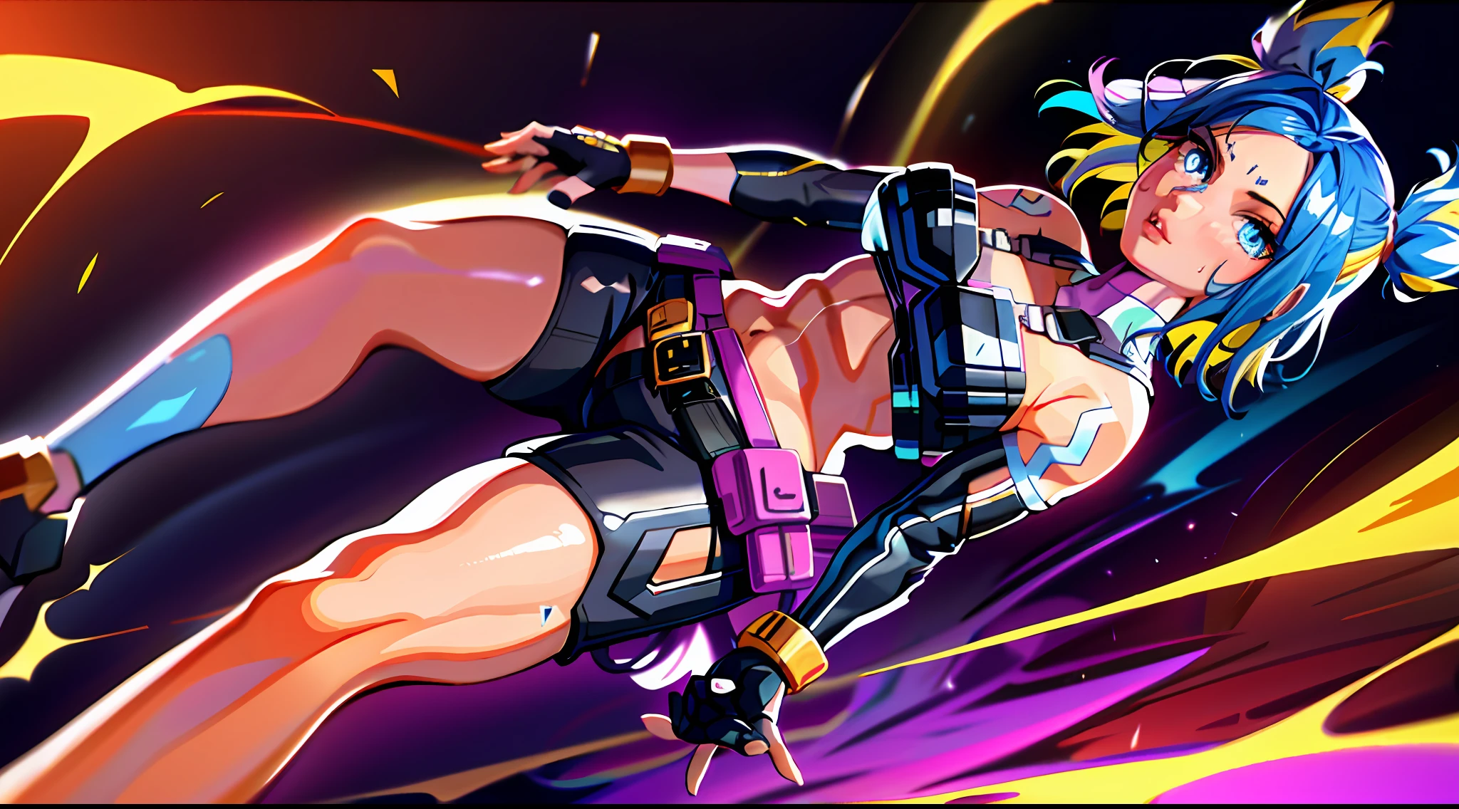 ((masterpiece)), (best quality), (detailed),(hires), (shining face, shining body), neonfx, neon_valorant, 1girl, solo, looking at viewer, blue eyes, blonde hair, gloves, navel, twintails, blue hair, multicolored hair, parted lips, black gloves, belt, pants, floating hair, bandaid, bandaid on face, electricity, animification, bandaid on nose, large breasts, sweating, thighs, erotic, perverted expression, toned body, pervert, showing off body, stripping, showing off chest