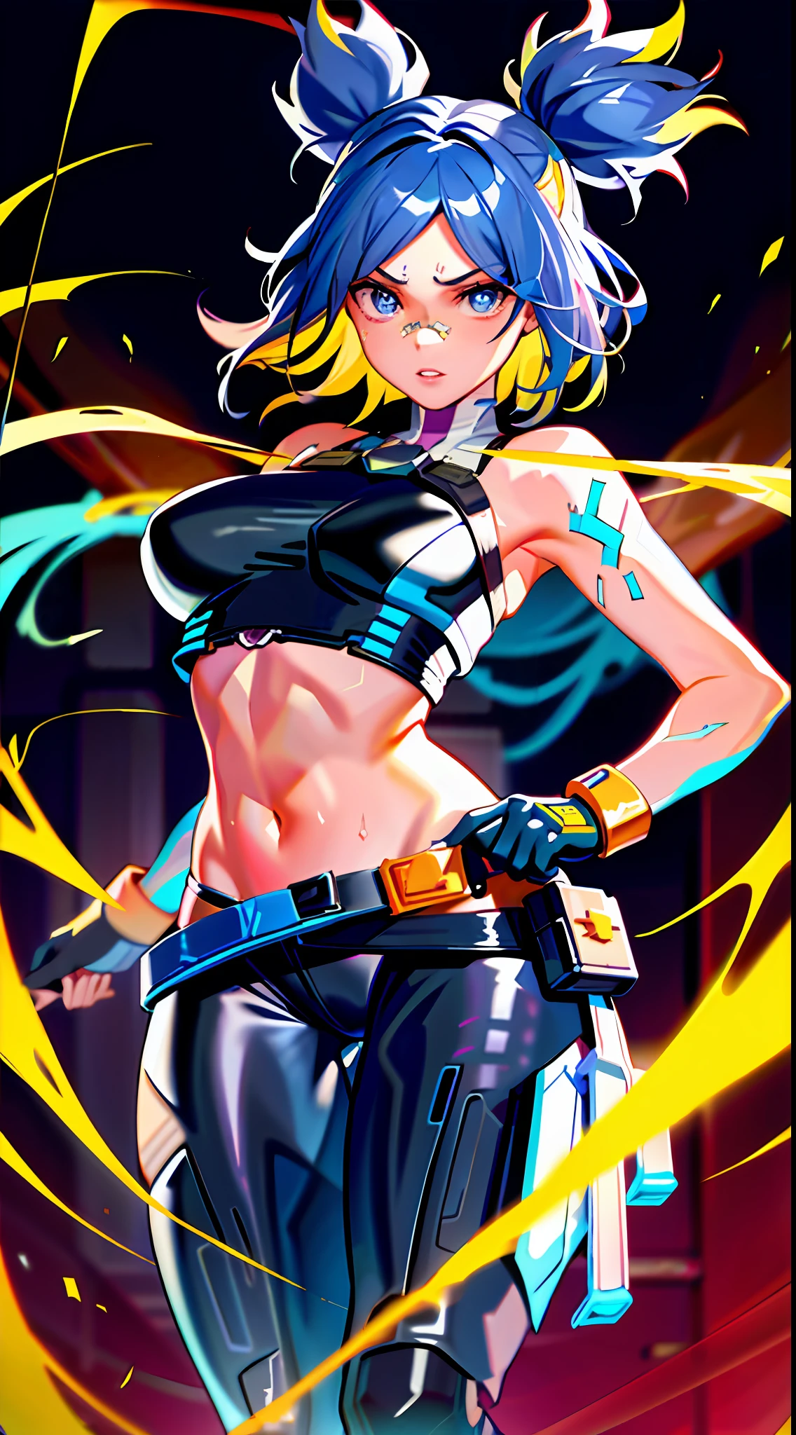 ((masterpiece)), (best quality), (detailed),(hires), (shining face, shining body), neonfx, neon_valorant, 1girl, solo, looking at viewer, blue eyes, blonde hair, gloves, navel, twintails, blue hair, multicolored hair, parted lips, black gloves, belt, pants, floating hair, bandaid, bandaid on face, electricity, animification, bandaid on nose, large breasts, sweating, thighs, erotic, perverted expression, toned body, pervert, showing off body, stripping, showing off chest