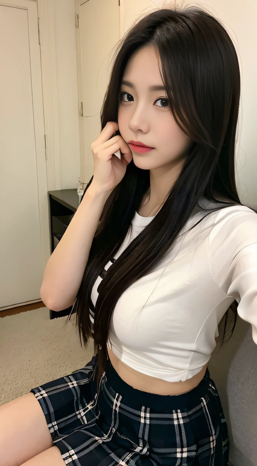 ((top-quality,8K,tmasterpiece:1.3)),Beautuful Women,Hide your face,1个Giant Breast Girl,full bodyesbian,big breasts beautiful:1.3,Slender abs:1.1,White shirt,The kinky is exposed,full,longblackhair,(sitting on his knees on the bed),legs separated,Plaid miniskirt,Japanese high school uniform,Super detailed face,Highly detailed lips,Detailed eyes,二重まぶた,Strict head and body ratios:1.5,