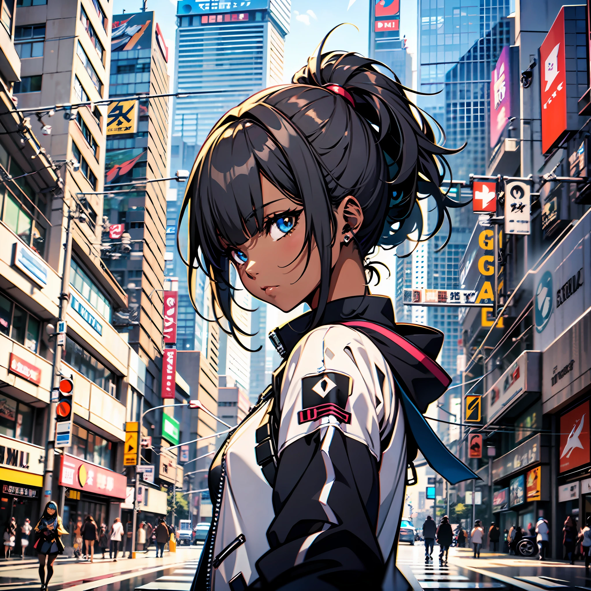 ((Black skin African)) anime girl in a city with a street sign in the background, digital cyberpunk anime art, digital anime illustration, cyberpunk anime girl, detailed digital anime art, trending on artstation pixiv, stunning anime face portrait, digital cyberpunk - anime art, detailed portrait of anime girl, digital anime art, beautiful anime portrait, cyberpunk anime art, anime style portrait, anime styled digital art