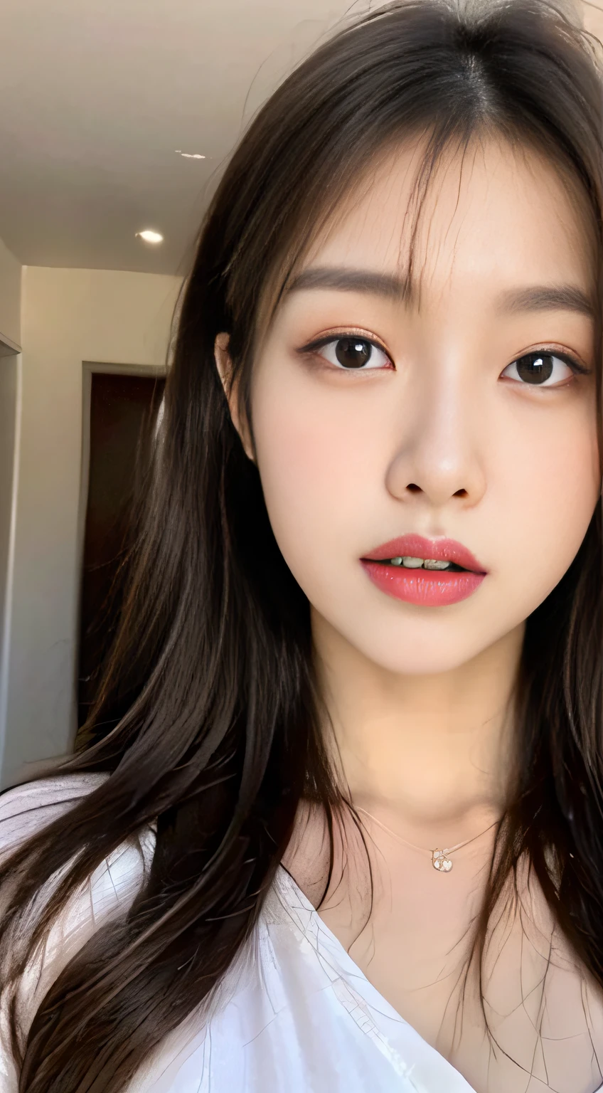 ((Top quality, 8k, Masterpiece: 1.3)), beauty, hidden face, 1 girl, beauty: 1.3, slender abs: 1.1, (large men's shirt loose: 1.4) exposed, full chest, long black hair, ultra-detailed face, highly detailed lips, detailed eyes, double eyelids, strict head and body ratio: 1.5,