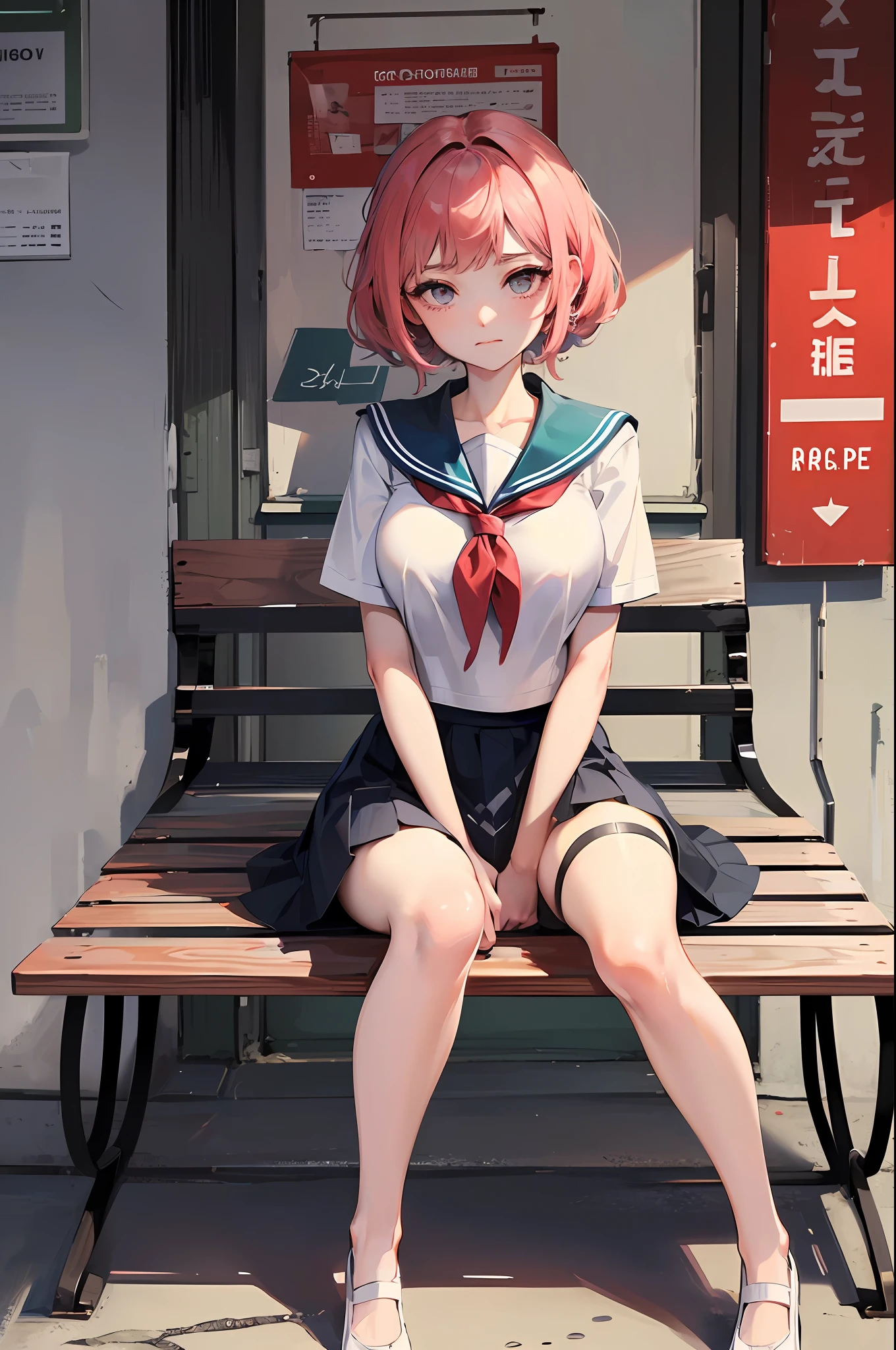 ((masterpiece)), (top-quality), (detaileds), (1 rapariga), (Panchira:1.2), It's a sitting bench, pink sailor suit,, (a closed mouth:1.2), irate,Big breasts、Show underwear、Disgusting face、The wind twists the skirt、Exposure of underwear、Spread legs,early evening,Red underwear,