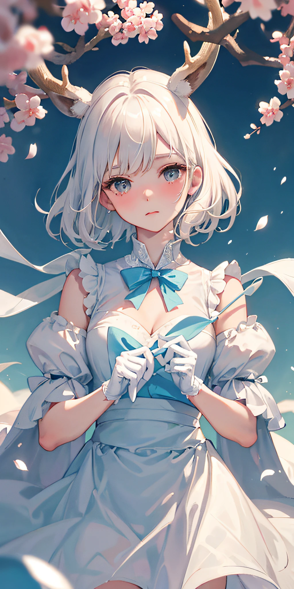 Masterpiece, Best quality,, (Bambicano,Light blue gloves), Solo, face to the viewer, view the viewer,delicate leg, deer ear, deer antlers, hair between eye, with short white hair, Tawny eyes, face round, Blush, A little sad,, patterned scarf, White dress, Light blue bow on chest, Medium breasts,, Sakura blossoms, wind flow, Floating petals, hanami, Outdoors, Portrait of a beautiful white-haired woman, Fine Art - Art Photography, Soft portrait shot 8 K, Medium length, ultrarealistic uhd faces, unsplash, Kodak Ultra Max 800, 85 mm, Intricate, Casual pose, Centered symmetrical composition, stunning photo, Masterpiece, Grainy, centered composition : 2 | blender, croped, low res, poorlydrawnface, out of frame, Poorly drawn hands, Blurry, bad art, Blurred, text, watermarked, disfigured, Deformed,