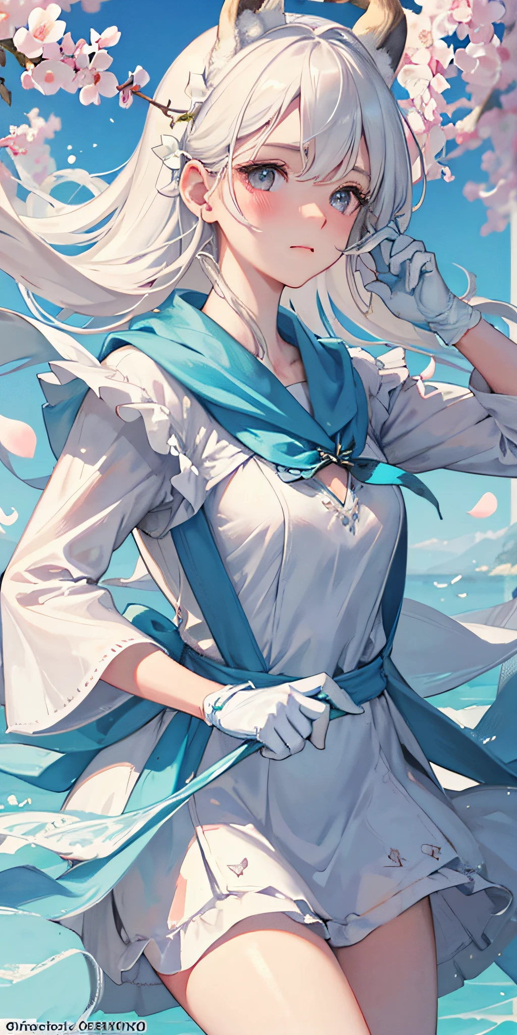 Masterpiece, Best quality,, (Bambicano,Light blue gloves), Solo, face to the viewer, view the viewer,delicate leg, deer ear, deer antlers, hair between eye, with short white hair, Tawny eyes, face round, Blush, A little sad,, patterned scarf, White dress, Light blue bow on chest, Medium breasts,, Sakura blossoms, wind flow, Floating petals, hanami, Outdoors, Portrait of a beautiful white-haired woman, Fine Art - Art Photography, Soft portrait shot 8 K, Medium length, ultrarealistic uhd faces, unsplash, Kodak Ultra Max 800, 85 mm, Intricate, Casual pose, Centered symmetrical composition, stunning photo, Masterpiece, Grainy, centered composition : 2 | blender, croped, low res, poorlydrawnface, out of frame, Poorly drawn hands, Blurry, bad art, Blurred, text, watermarked, disfigured, Deformed,