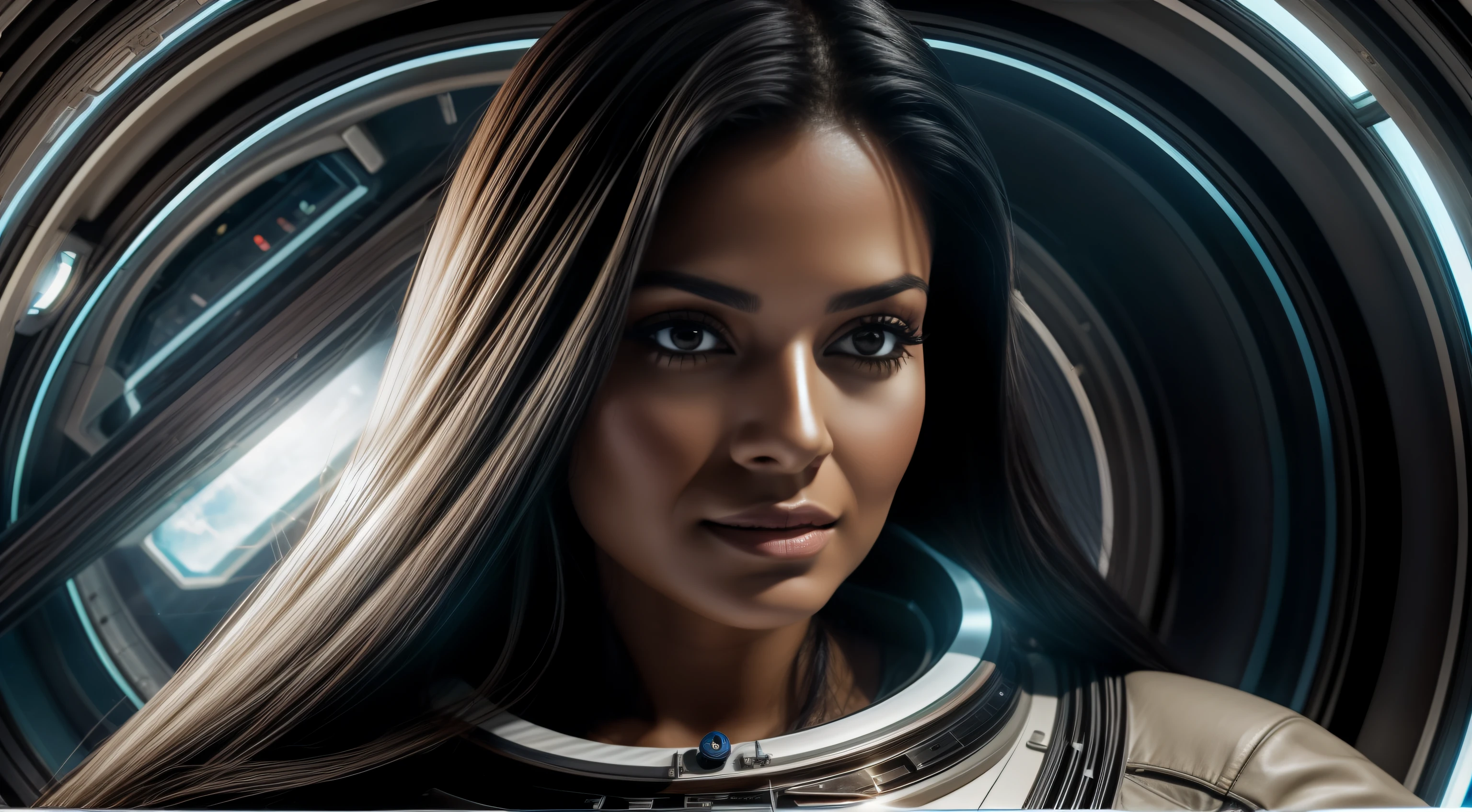 a close up of a latina woman with long dark hair in a spaceship in space, (neutral expression), (add_detail:1)