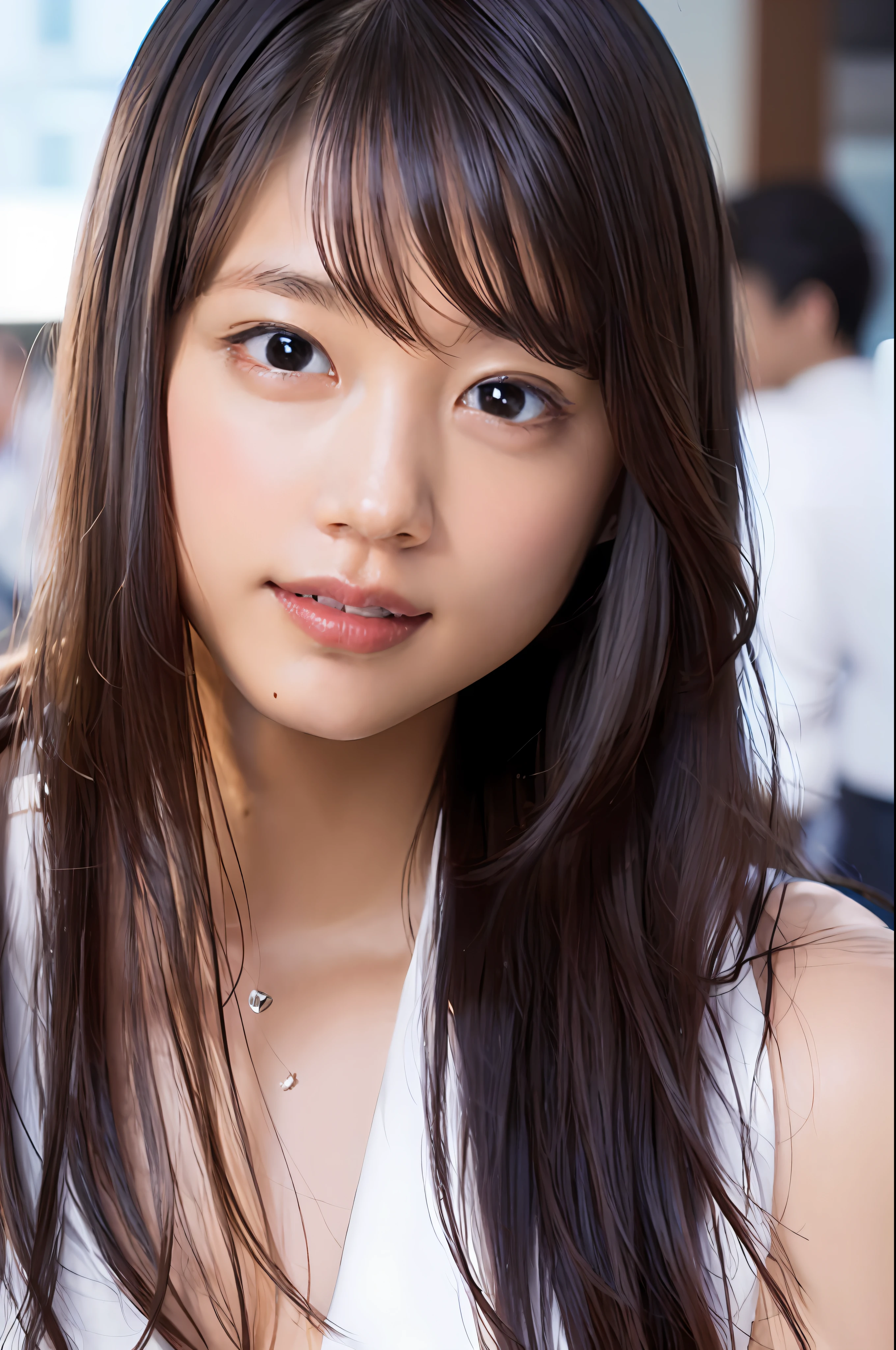 (8k, RAW photo, top quality, masterpiece: 1.2), (realistic, photorealistic: 1.37), super detail, ultra high resolution, one girl, beholder, beautiful detailed face, smile, constriction, (slim waist): 1.3), shirt, beautiful detailed skin, skin texture, floating hair, professional lighting, big breasts, kind eyes, white sleeveless, peering,sexy
