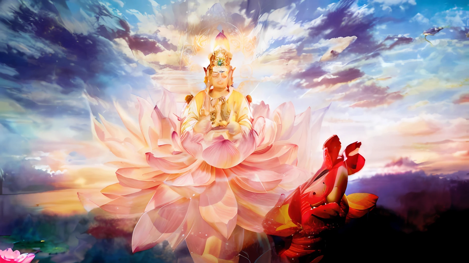 painting of a man sitting on a lotus flower, sitting on a lotus flower, sitting gracefully upon a lotus, vishnu, divine being, spiritual enlightenment, divine god, sitting on a lotus, lotus, puṣkaracūḍa, in the center of the image, beautiful image, god of love and peace, indian god, an old man with three head, three head, brahma, hindu god of creation, long white beard, dream like art, dawn, clouds, beautiful