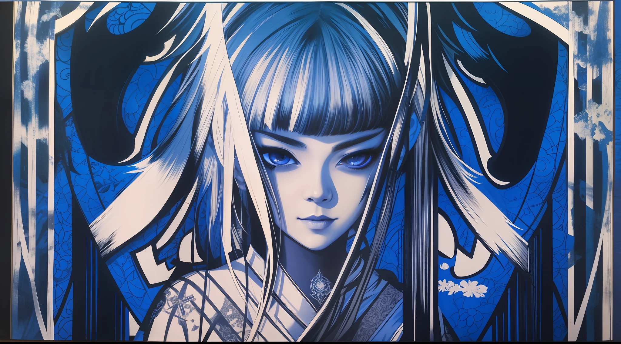 a girl is wizard, black light painting, stylish pose, big with sharp eyes, sharp looking, streaked short hair in azure and white, from very below, evil smile, neo-traditional japan with dark fantasy-inspired art, extreme fine detail, extremely ultra fine realistic, very high resolution, high contrast,