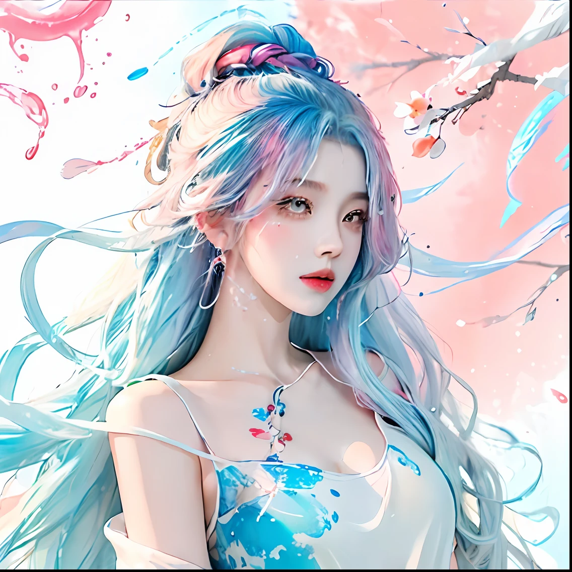 (Masterpiece, Best Quality, High Resolution), White Background, Acrylic Paint, ((Color Splash, Splash of Ink, Color Splash)), Sweet Chinese Girl, Long Light Blue Hair, [Light Blue|Pink] Hair, Curly Hair, Glitter, Peach Lips, White Shirt, Front, Upper Body