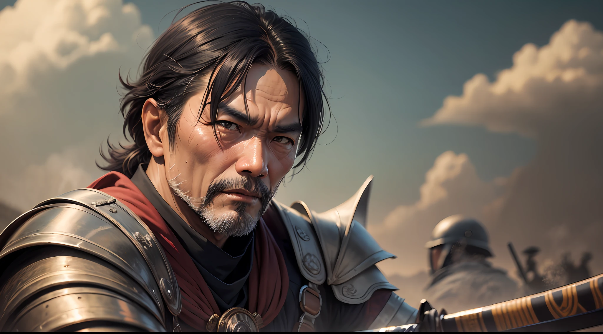 A middle-aged Asian man,Run on the steppe,full armour,katana swords,Two Sailor Beauty,steed,Occurs in the evening,Gunsmoke fills,tmasterpiece,16k,Need,Fair skin, --auto
