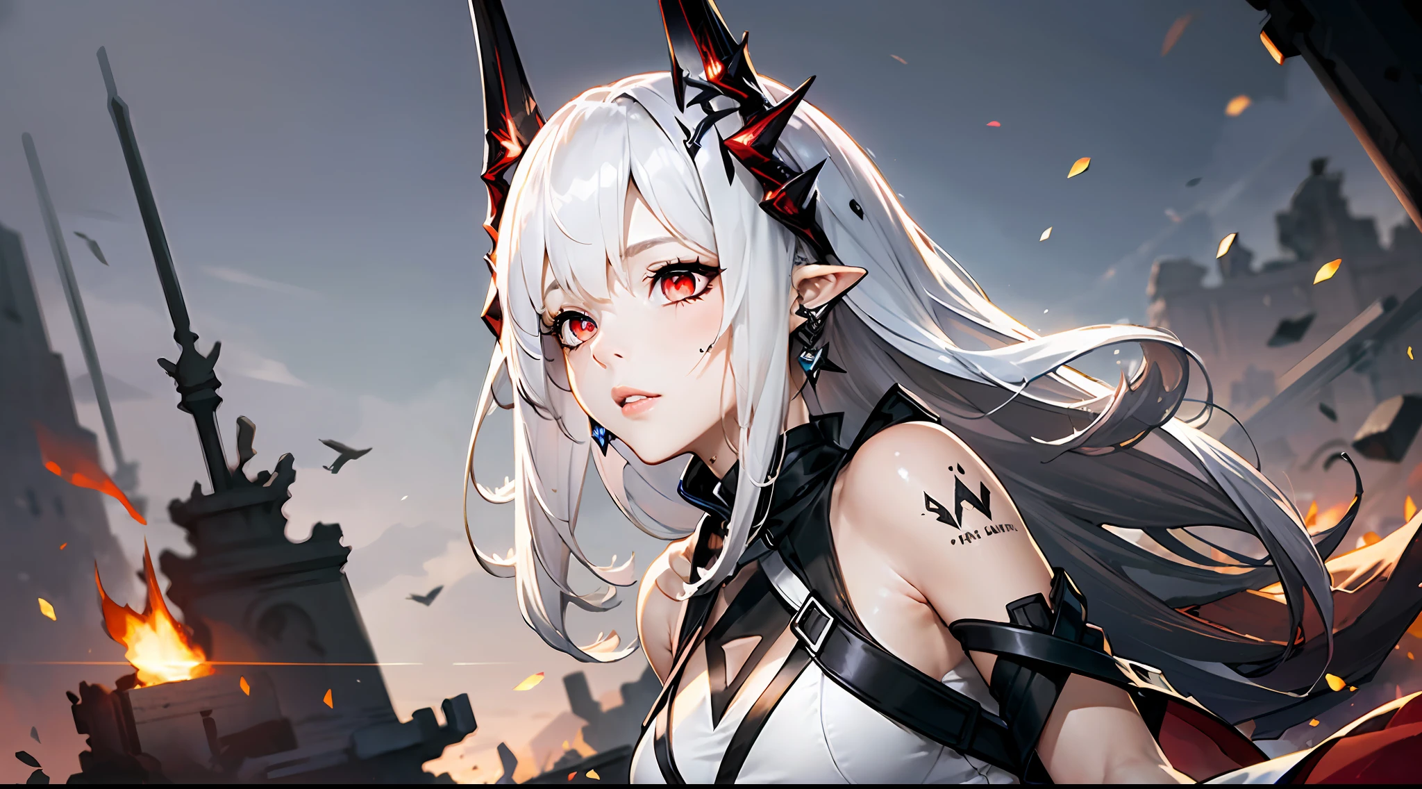 (floating and spread hair:1.2), (detailed and delicate and flexible eyes),(1girl,arm, oripathy lesion (arknights),splash ink,:1.2),mudrock (arknights), white hair,red eyes, solo,hair ornament, pointy ears,oripathy lesion (arknights), infection monitor (arknights), (corrpution,cowboyshot:1.15), kda, fov,f/1.8, side lighting, sunlight on people (masterpiece, best quality, Ultra Detail, wallpaper, detailed shiny skin, flawless, 8k, RAW, highres,absurdres,:1.3), (detailed super oily shiny skin:1.1),[wet:0.8|mucus], colorful, power scene,(imid shot:0.95), (Dynamic angle, upper body,Battlefield, artillery fire, ruins, ashes, dark lightning effects and Flame particle effect),