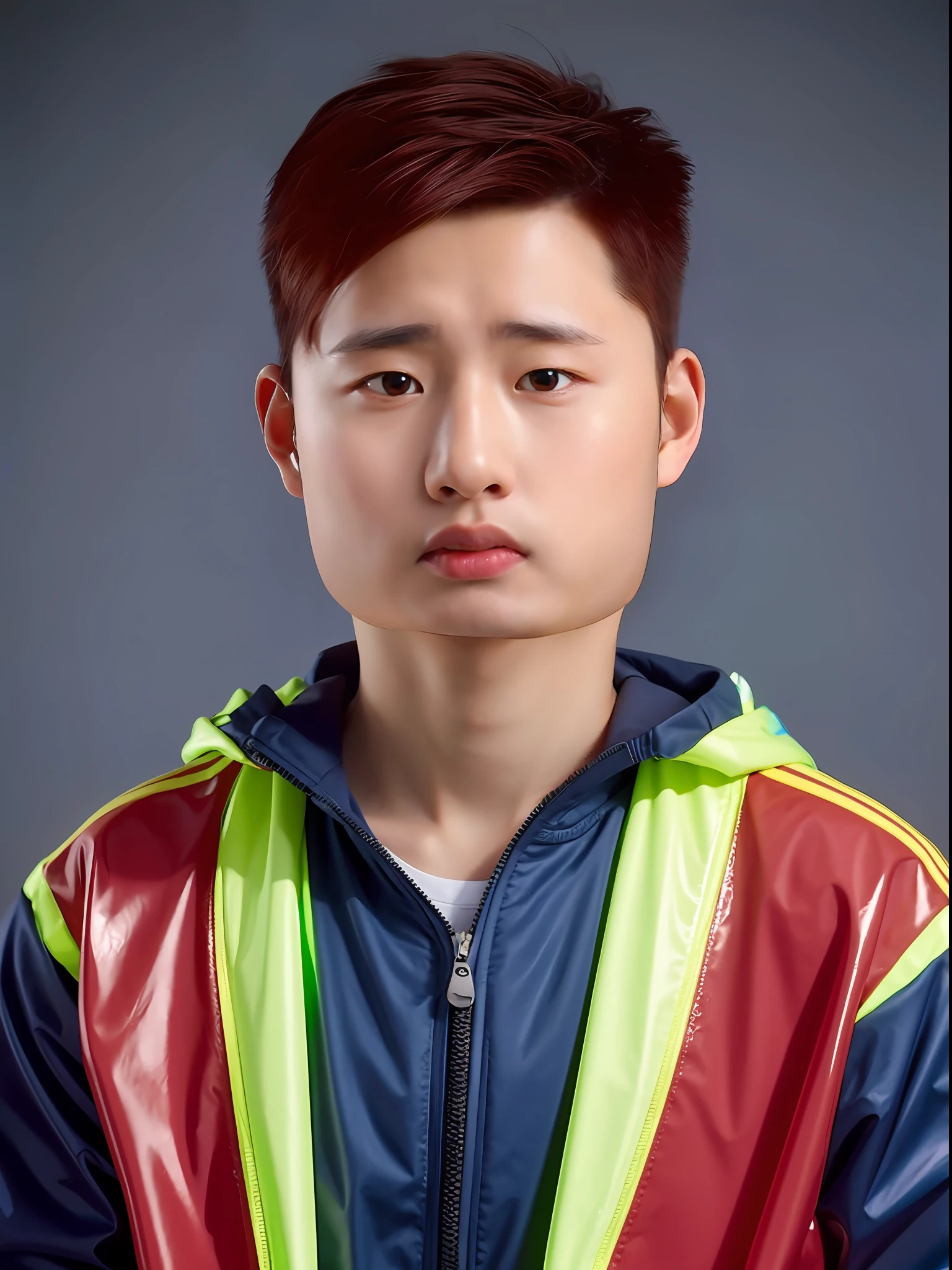 Chinese male high school student,Wearing PVC light blue tracksuit