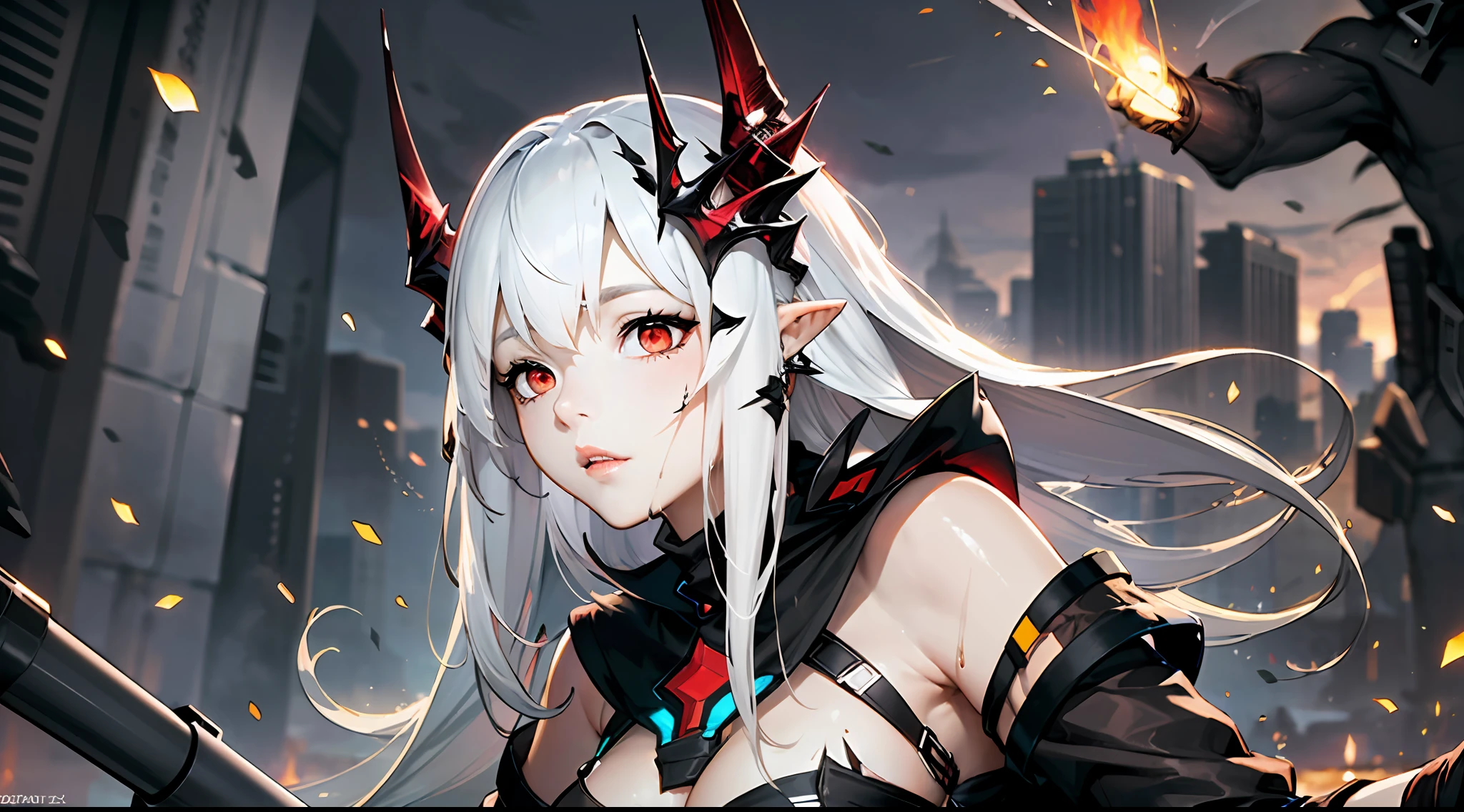 (floating and spread hair:1.2), (detailed and delicate and flexible eyes),(1girl,arm, oripathy lesion (arknights),splash ink,:1.2),mudrock (arknights), white hair,red eyes, solo,hair ornament, pointy ears,oripathy lesion (arknights), infection monitor (arknights), (corrpution,cowboyshot:1.15), kda, fov,f/1.8, side lighting, sunlight on people (masterpiece, best quality, Ultra Detail, wallpaper, detailed shiny skin, flawless, 8k, RAW, highres,absurdres,:1.3), (detailed super oily shiny skin:1.1),[wet:0.8|mucus], colorful, power scene,(imid shot:0.95), (Dynamic angle, upper body,Battlefield, artillery fire, ruins, ashes, dark lightning effects and Flame particle effect),