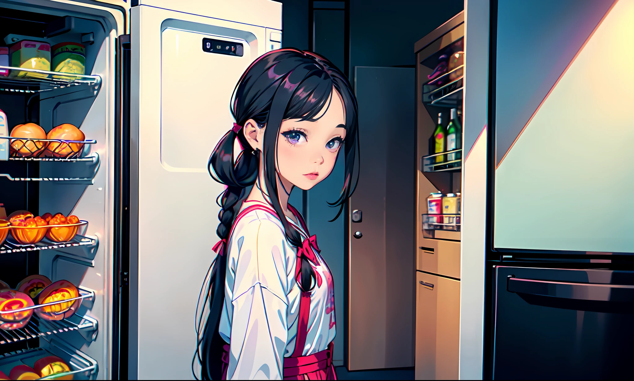 a close up of a woman with long hair standing in front of a refrigerator, blackpink jennie, jossi of blackpink, straight hairstyle, with long hair, portrait of jossi of blackpink, violet long hair, gongbi, sha xi, pigtails hairstyle, jaeyeon nam, taejune kim, the hime cut, roseanne park of blackpink