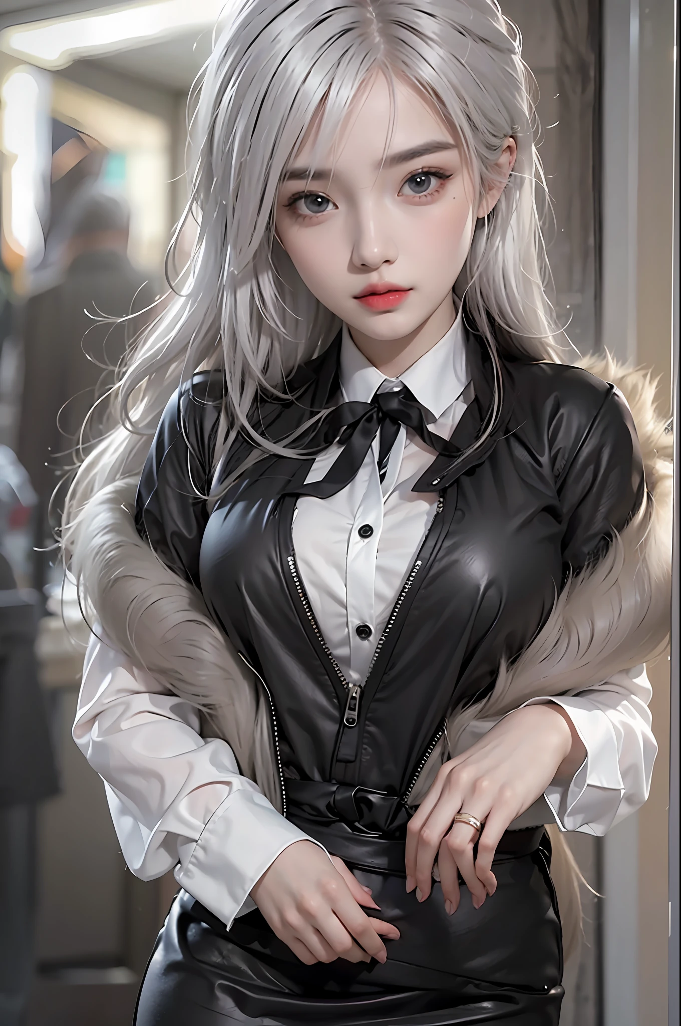 photorealistic, high resolution, 1 girl, hips up, beautiful eyes, white hair, ringed eyes, collared shirt,black necktie,black skirt, pencil skirt, fur coat