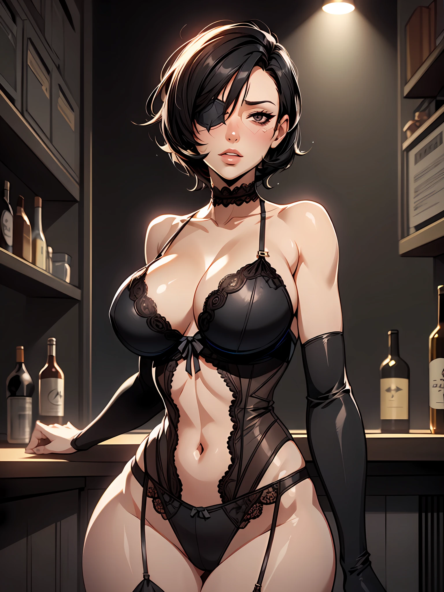 Tall woman, (mature:1.3), short black hair, black eyepatch, lingerie, drunk, big breast, dynamic lighting, two tone lighting, high contrast