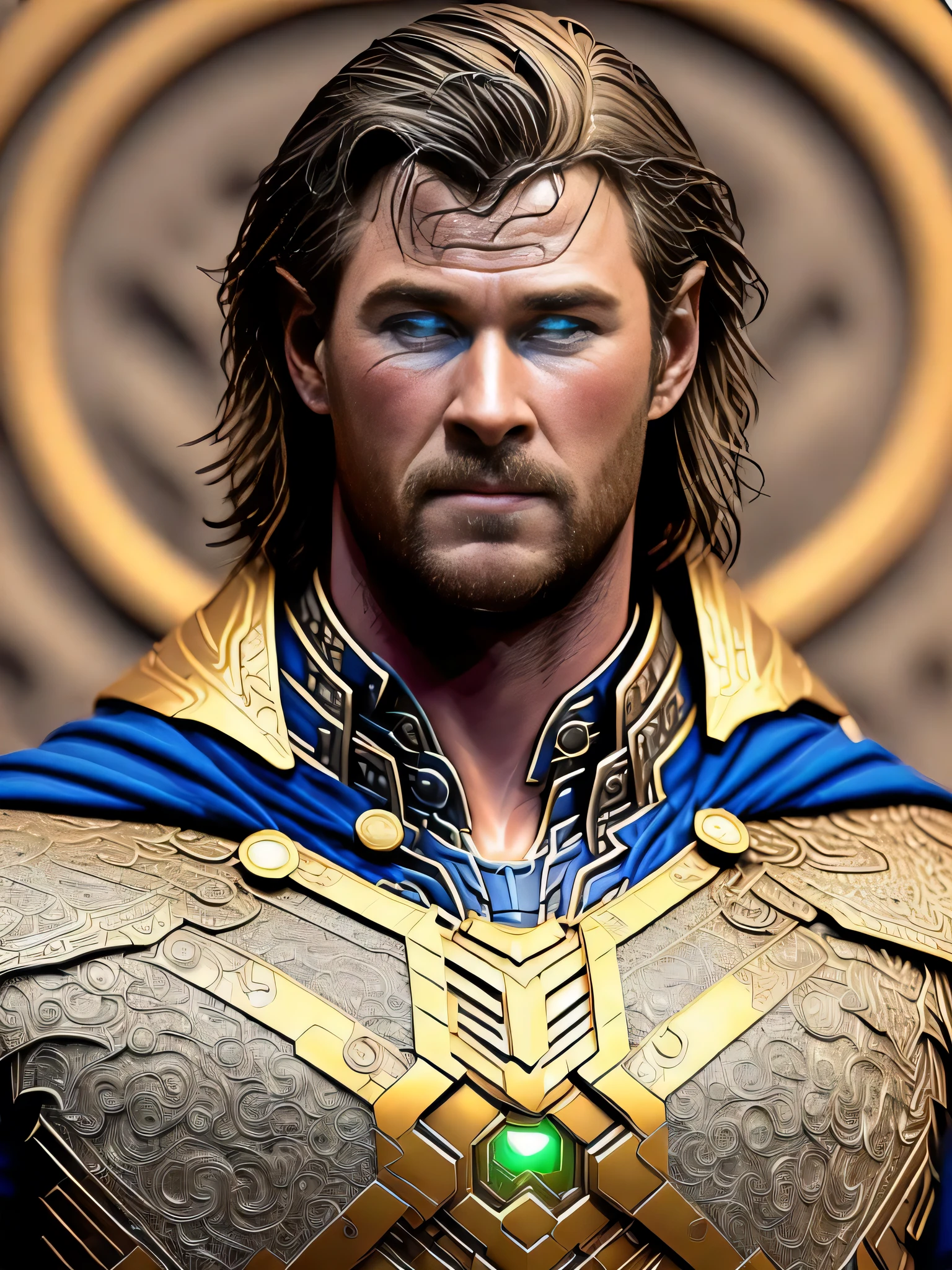 (jlryst style) (Chris Hemsworth) is (Thor), realistic face, ((symmetrical eyes)), ((symmetrical face)) low contrast, low saturation, vignette, (intricate details, hyperdetailed), (extremely realistic detailed 8k), ((realistic photo)) lighting storm, digital art, trending artstation, 8k, intricate detail