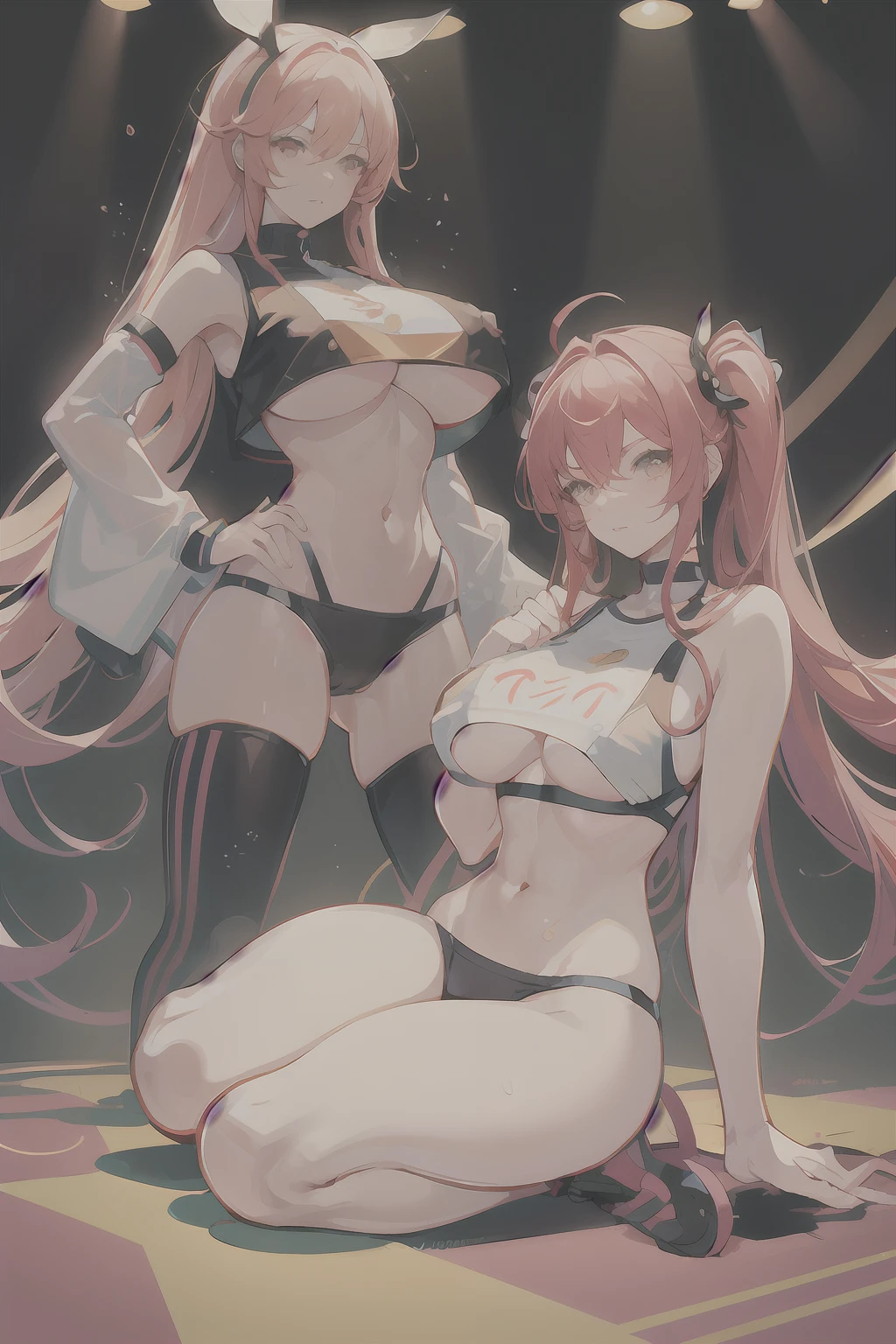 Two young women, (anime), full body poses, exercising intensively in a gym, wearing sport bras and thong made of see-through fabric, with sweat glistening on their bodies. Both have detailed short and messy multicolored hair with smirks face, and one of them has visible pubic hair. They have toned athletic bodies whit slim waist and huge sized breasts. (puffy nipple:1.3)