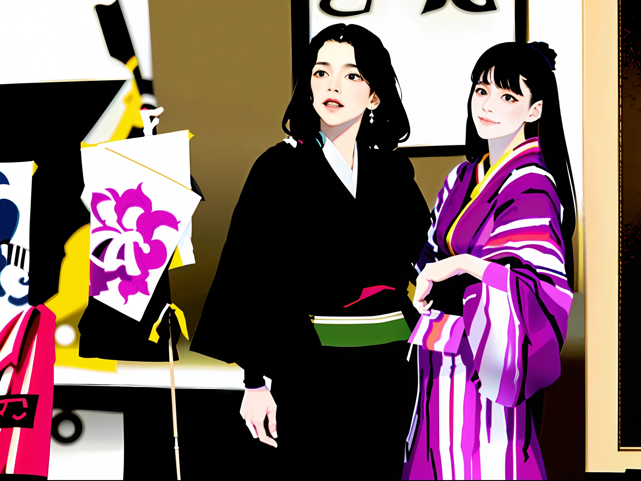 Man and woman standing next to each other in front of a Japan stall, wearing a haori, classy yukata clothing, Flowing hair, bath robe, Scene!!, ayami kojima、by Yoshitaka Amano, junji ito and horiyoshi iii, live action movie scene, japanese live action movie, in a kimono、high-level image quality、realisitic、lovely couple