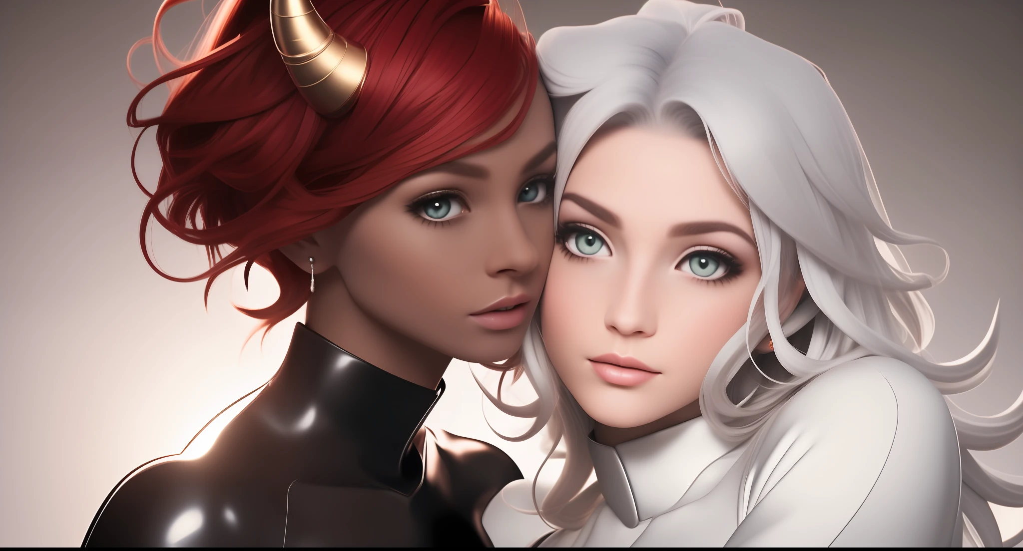 2women_A_and_B, womanA thin have a silver hair and white skin, womanB strong have a short red hair , horn and coloured skin , open forehead, hugging, masterpiece, Ultra high quality, rtx, 16k, nice hand,4k, hight resolution, Masterpiece, Best Quality, cap:1.3,((Hasselblad photography)), finely detailed skin, sharp-focus, (Cinematic lighting), soft-lighting, Dynamic Angle, [:(Detailed Face:1.2):0.2]